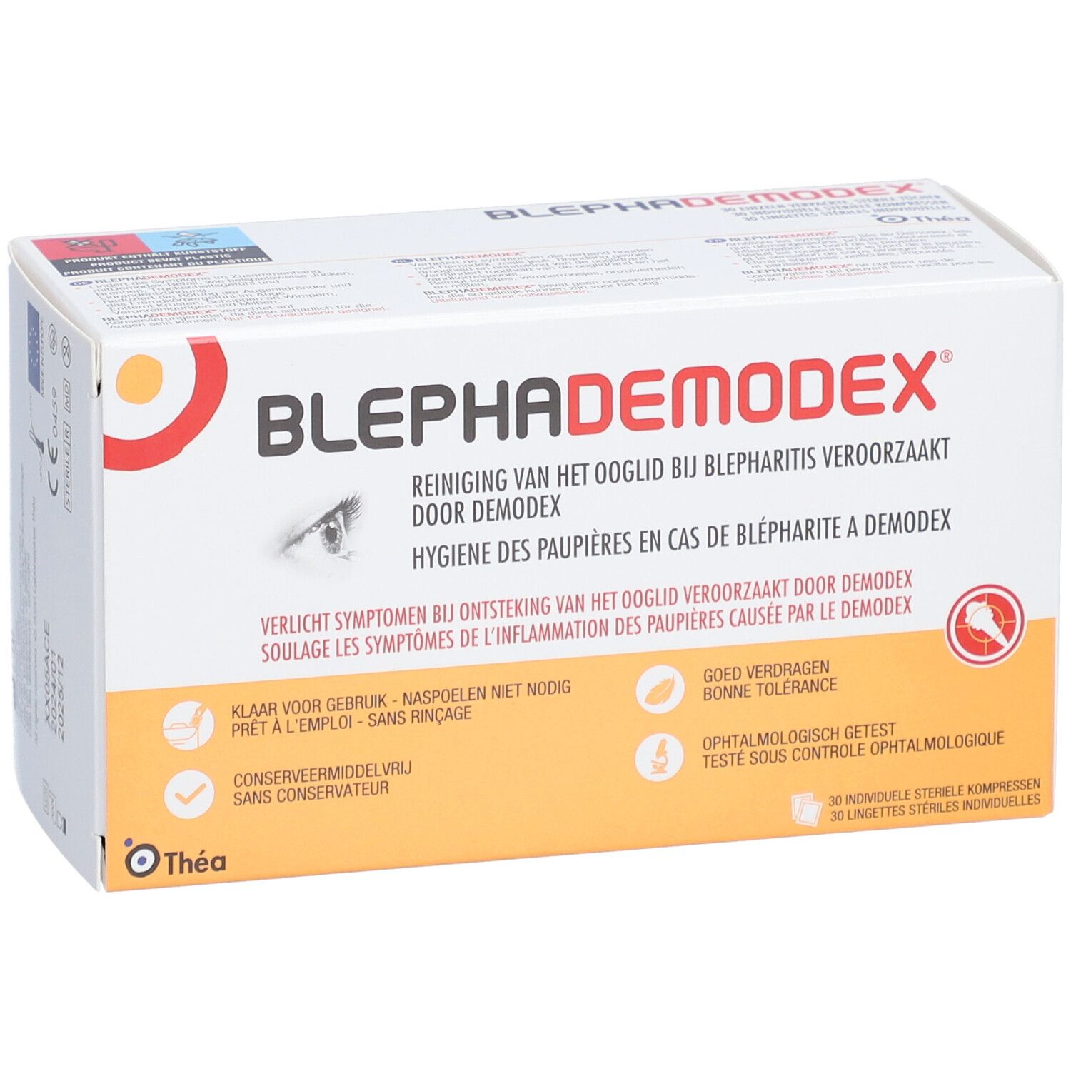 Verpackung von BLEPHADEMODEX Reinigungstücher. Enthält 30 sterile Kompressen. Aufdrucke in Deutsch, Niederländisch und Französisch.