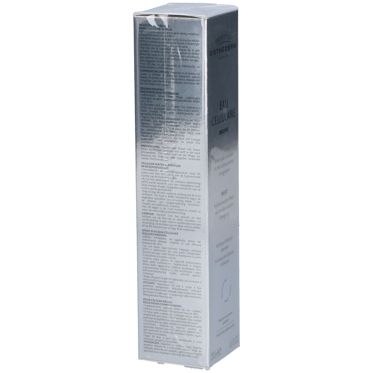 Institut Esthederm Zellulärer Wassernebel, Rückseite der Verpackung mit Inhaltsstoffen.