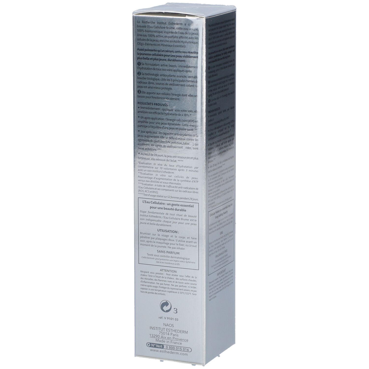 Institut Esthederm Zellulärer Wassernebel, Verpackung mit Produktinformationen.