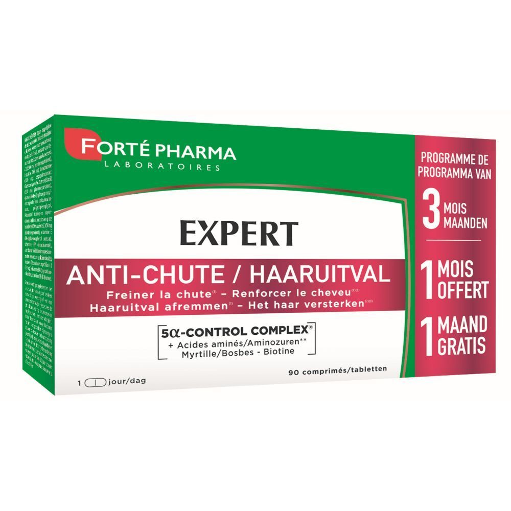 Grüne Schachtel mit Produktnamen EXPERT ANTI-CHUTE. Enthält 90 Tabletten. Zusätzliche Monate gratis.