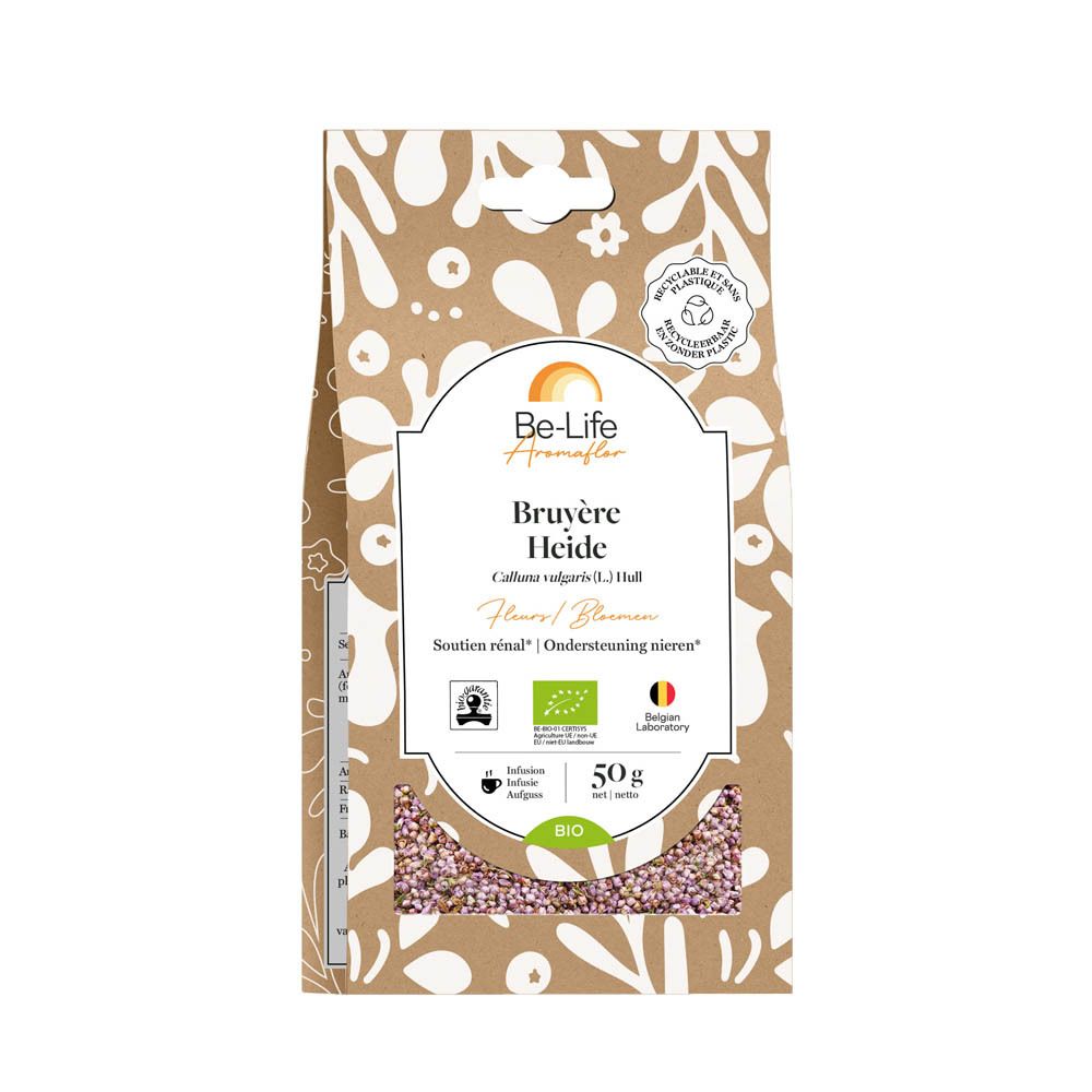 Emballage marron. Inscriptions: Bruyère Heide, 50g. Logo Be-Life. Logo Bio UE. Laboratoire belge.
