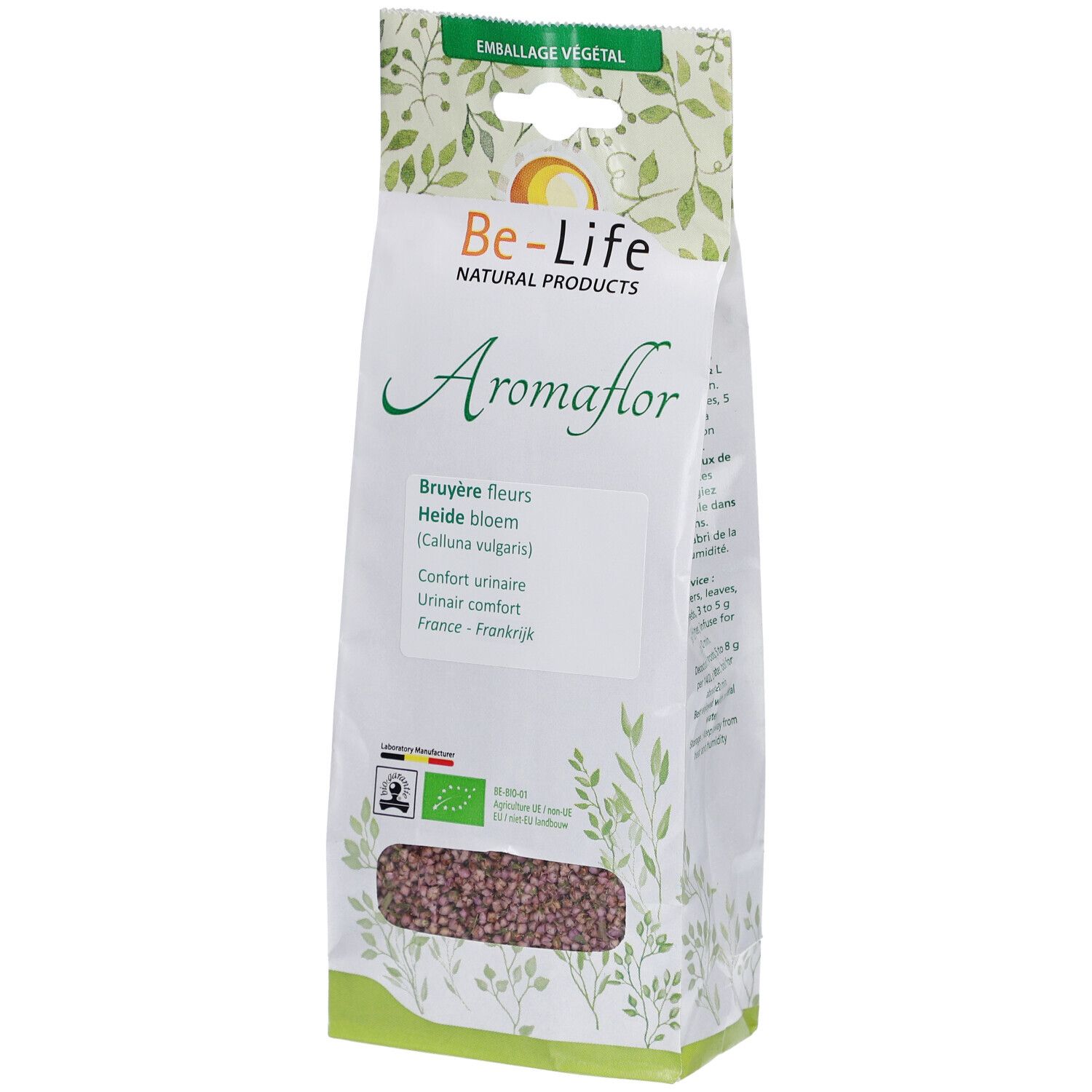 Beutel mit Aromaflor. Aufschrift: Bruyère fleurs, Heide bloem, Confort urinaire. Sichtbar: Be-Life Logo, EU-Bio-Logo.