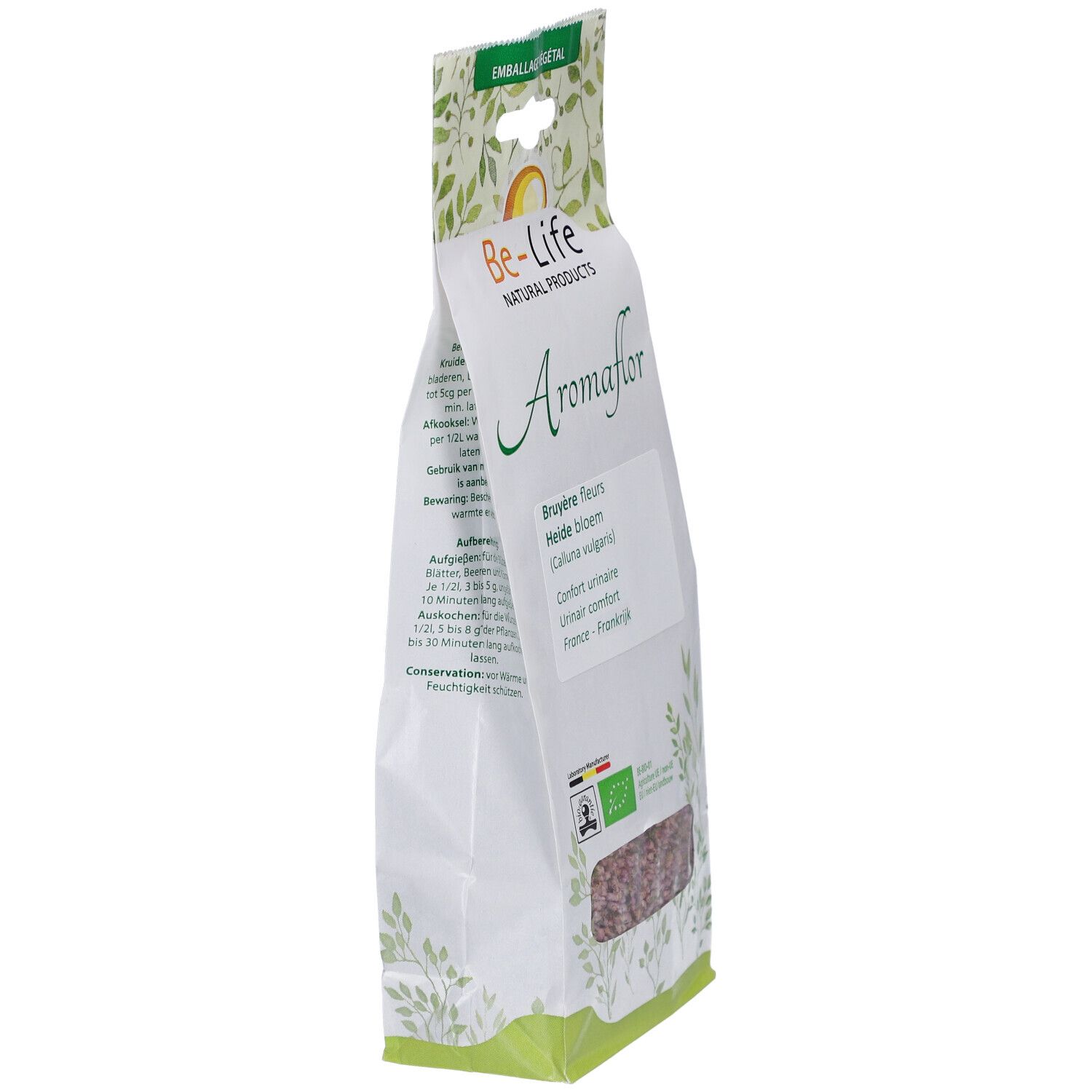 Aromaflor-Beutel, schräg. Aufschrift: Bruyère fleurs, Heide bloem, Confort urinaire. Be-Life Logo, EU-Bio-Logo.