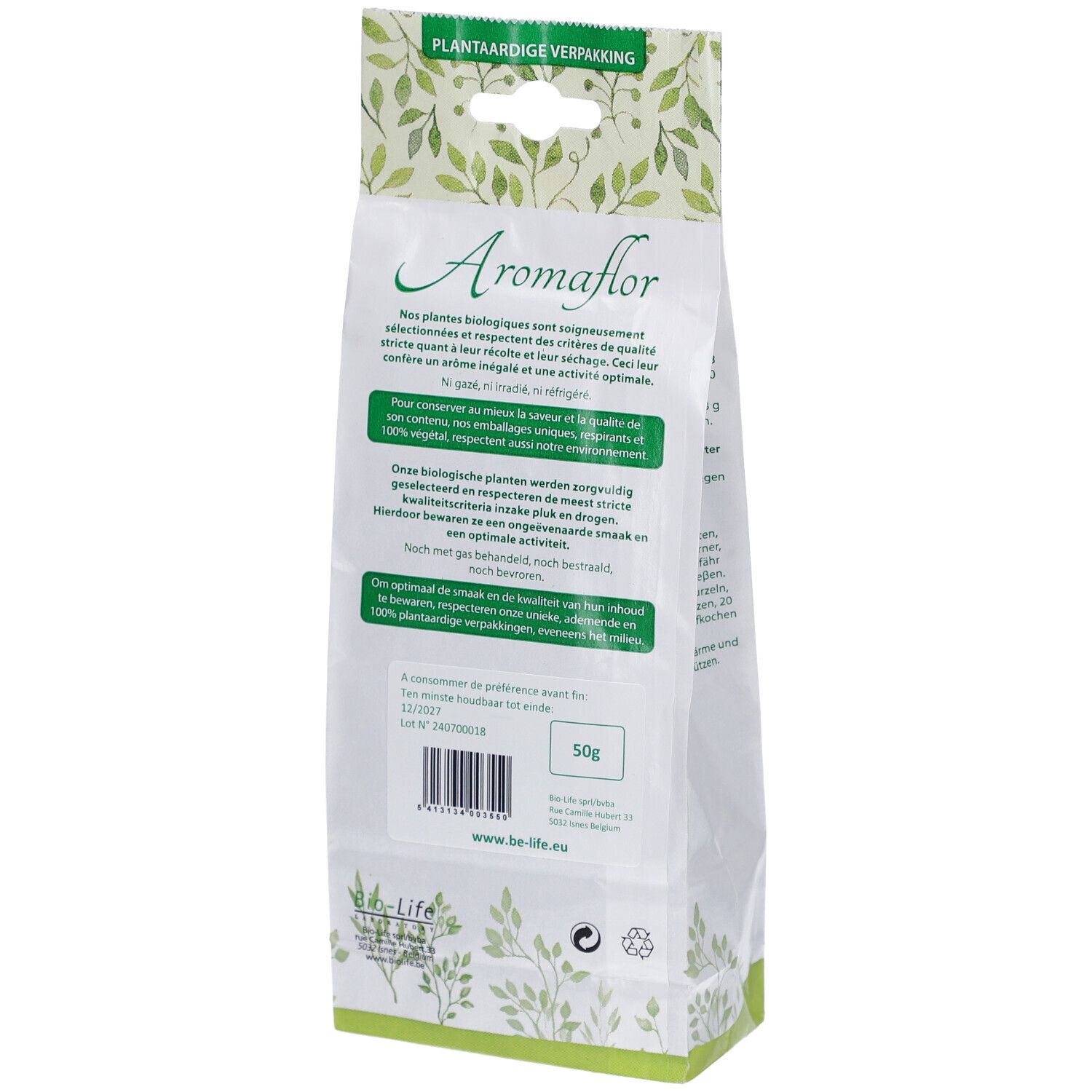 Rückseite des Aromaflor-Beutels. Text: biologische Pflanzen, 50g. Barcode. Logo Be-Life. EU-Bio-Logo. Recycling-Symbol.