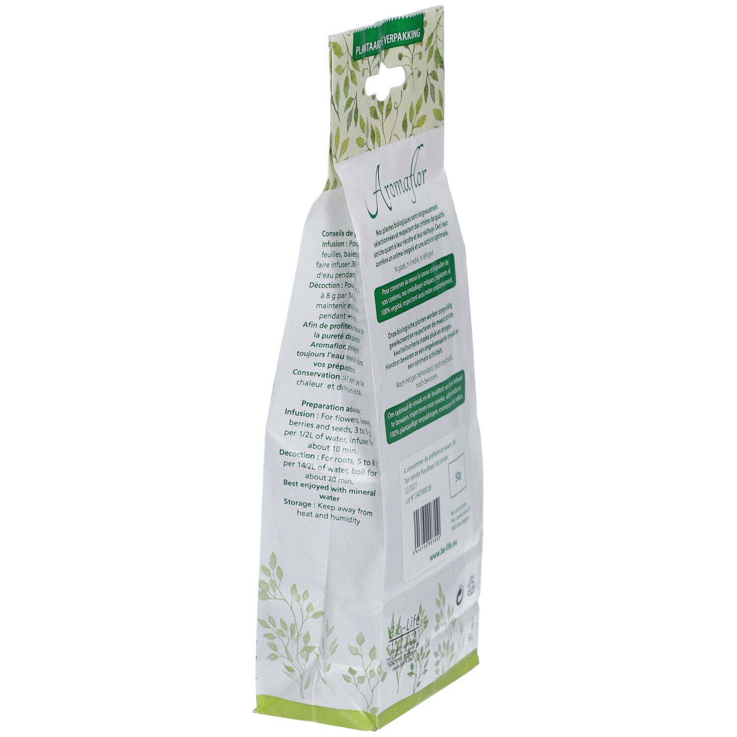 Aromaflor-Beutel, schräg. Text: Zubereitung, 50g. Logo Be-Life. EU-Bio-Logo. Barcode. Recycling-Symbol.