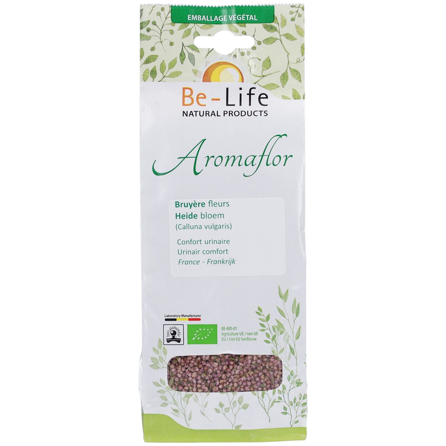 Aromaflor-Beutel. Aufschrift: Bruyère fleurs, Heide bloem, Confort urinaire. Be-Life Logo, EU-Bio-Logo.