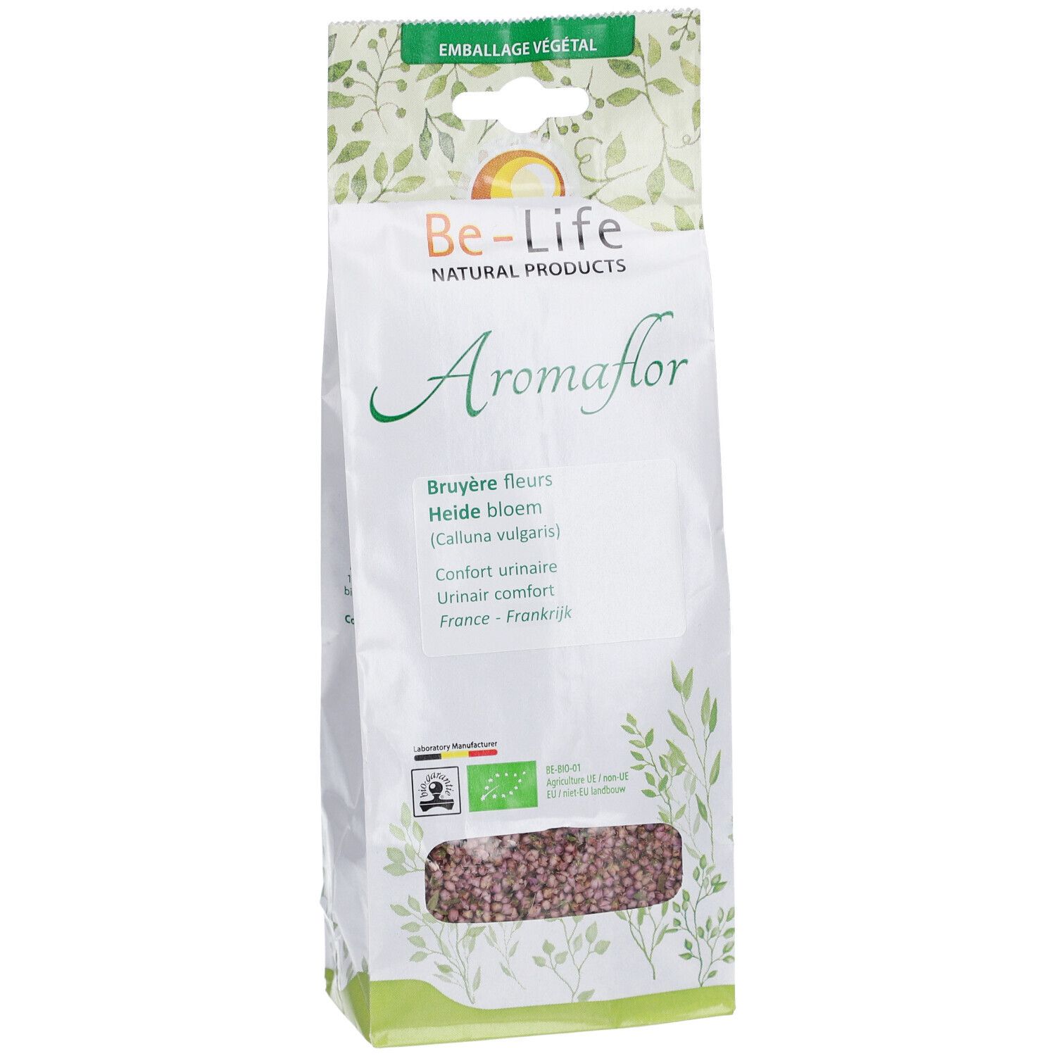 Aromaflor-Beutel. Aufschrift: Bruyère fleurs, Heide bloem, Confort urinaire. Be-Life Logo, EU-Bio-Logo.