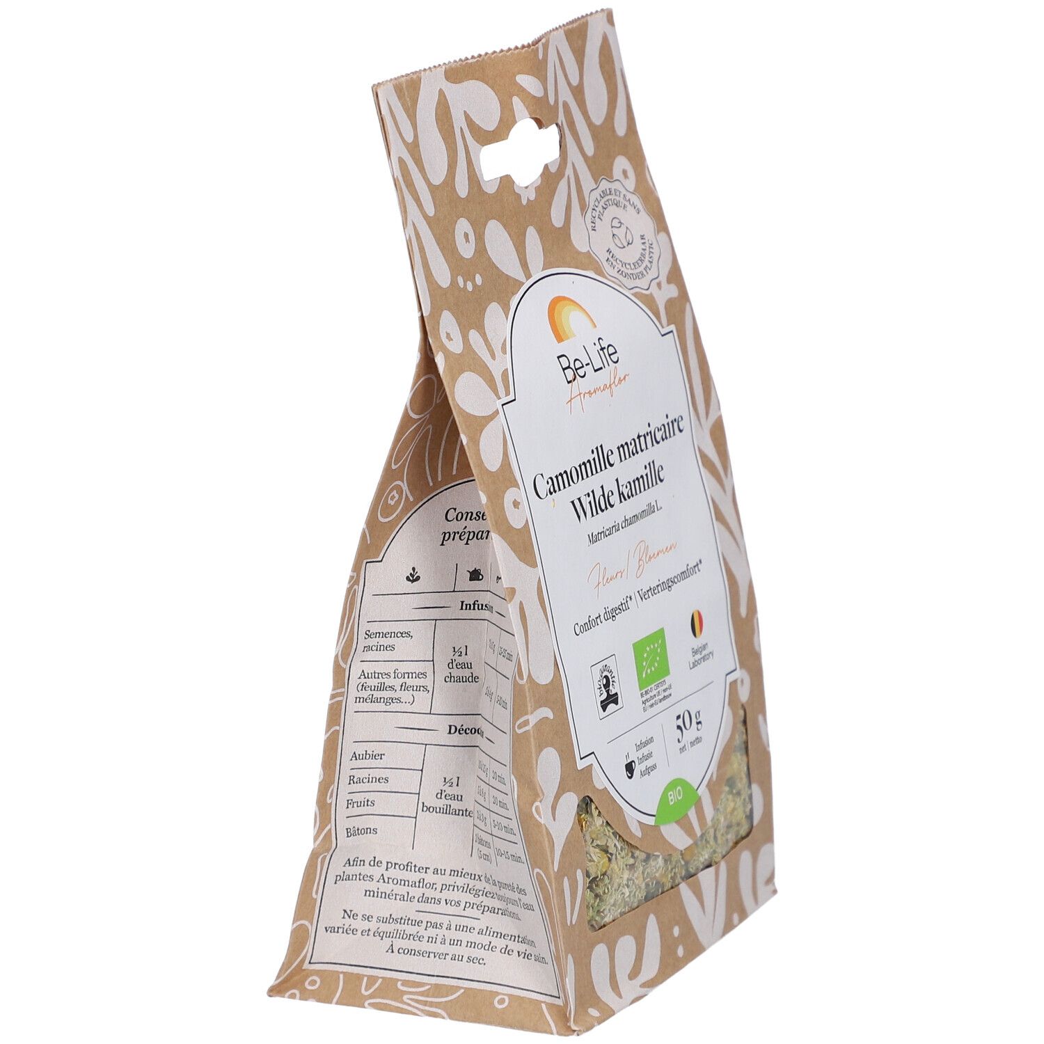 Beutel mit Kamillenblüten, schräg. Aufschrift: Be-Life Aromaflor, Camomille matricaire, Wilde kamille. Bio-Siegel, 50g.