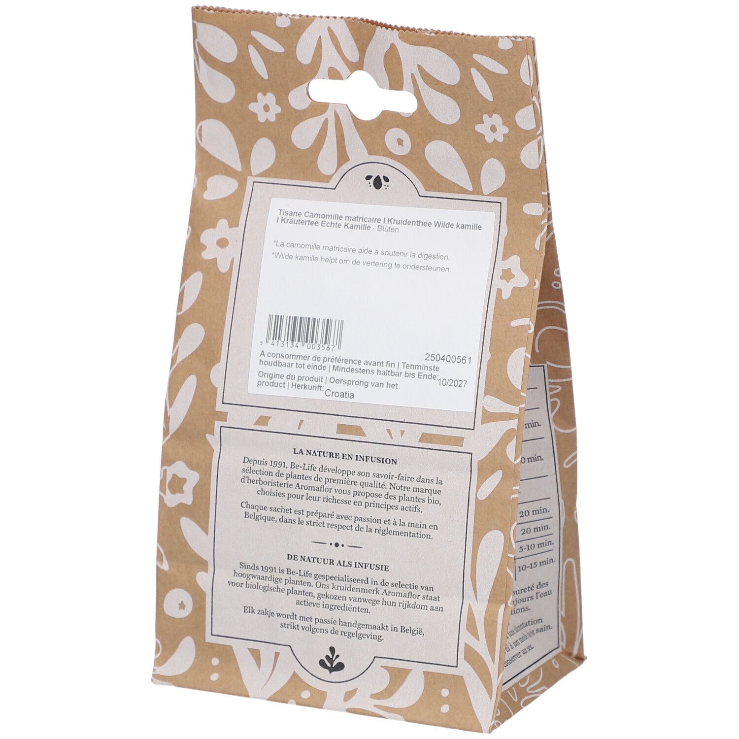 Rückseite des Kamillenblütenbeutels. Textabschnitte, u.a. über die Zubereitung und die Herkunft des Produkts.