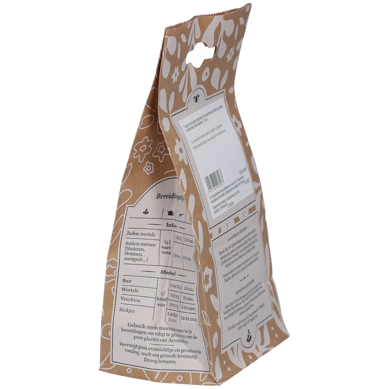 Kamillenblütenbeutel, schräg. Aufschrift: Zubereitung. Tabellen mit Mengenangaben für die Zubereitung.