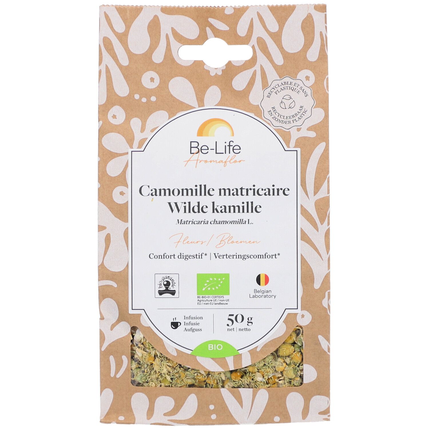 Kamillenblütenbeutel. Aufschrift: Be-Life Aromaflor, Camomille matricaire, Wilde kamille. Bio-Siegel, 50g.