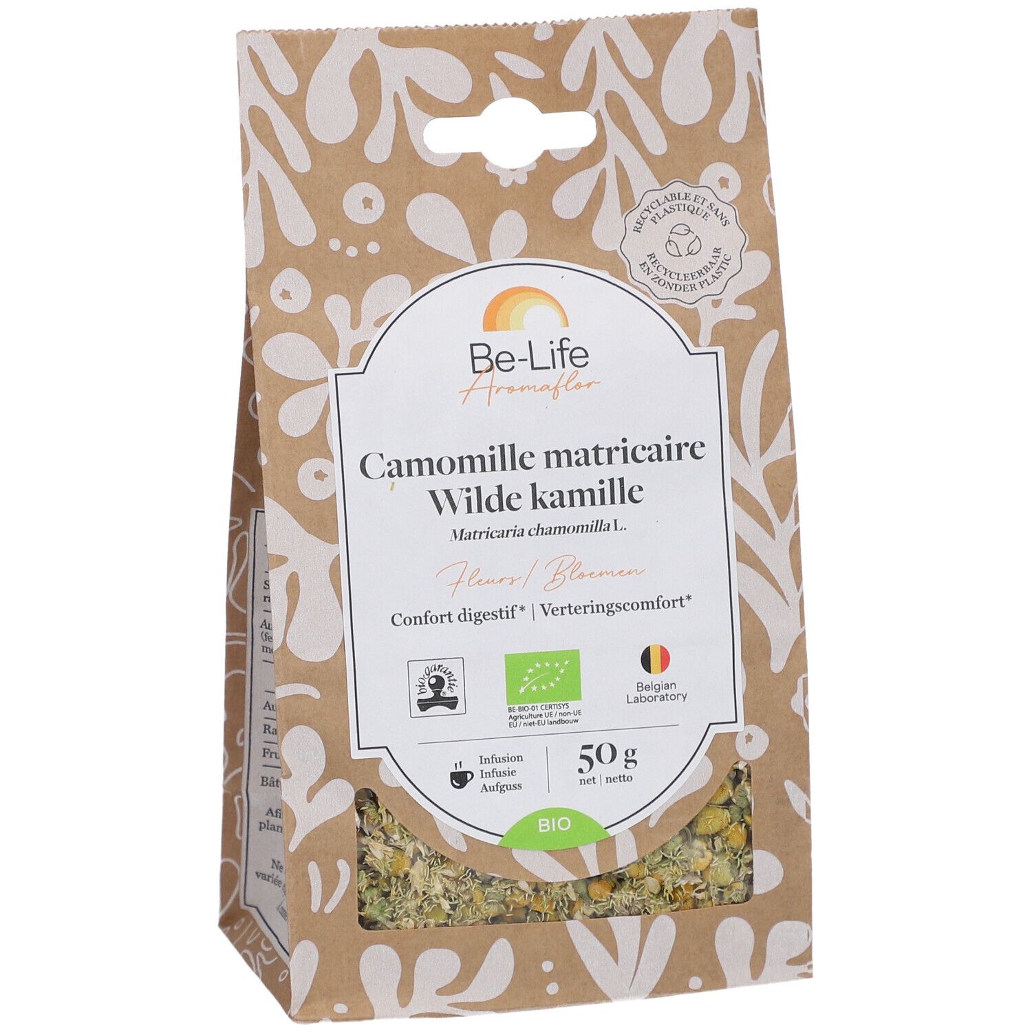 Kamillenblütenbeutel. Aufschrift: Be-Life Aromaflor, Camomille matricaire, Wilde kamille. Bio-Siegel, 50g.