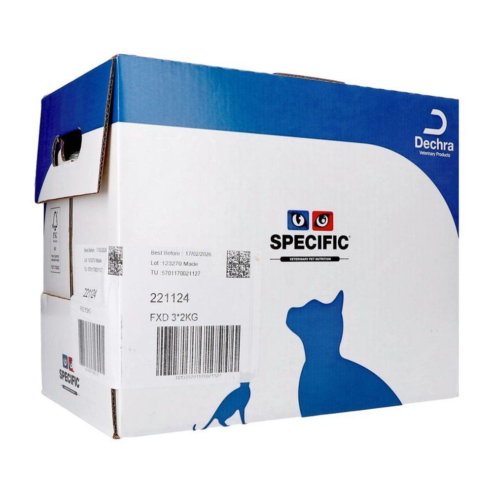 Carton SPECIFIC FXD 3*2KG. Blanc avec accents bleus. Logos Dechra et SPECIFIC. Silhouette de chat. Désignation du produit et numéro de lot.