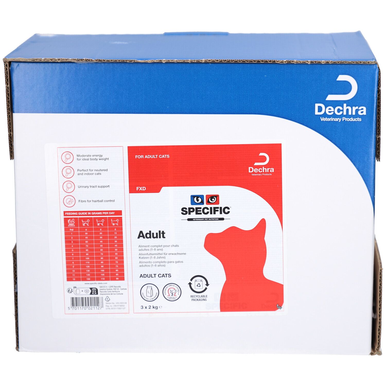 Karton SPECIFIC FXD Adult Katze. Rote Katze-Silhouette. Text: Adult, FXD, Dechra. 3x2 kg. Für erwachsene Katzen.