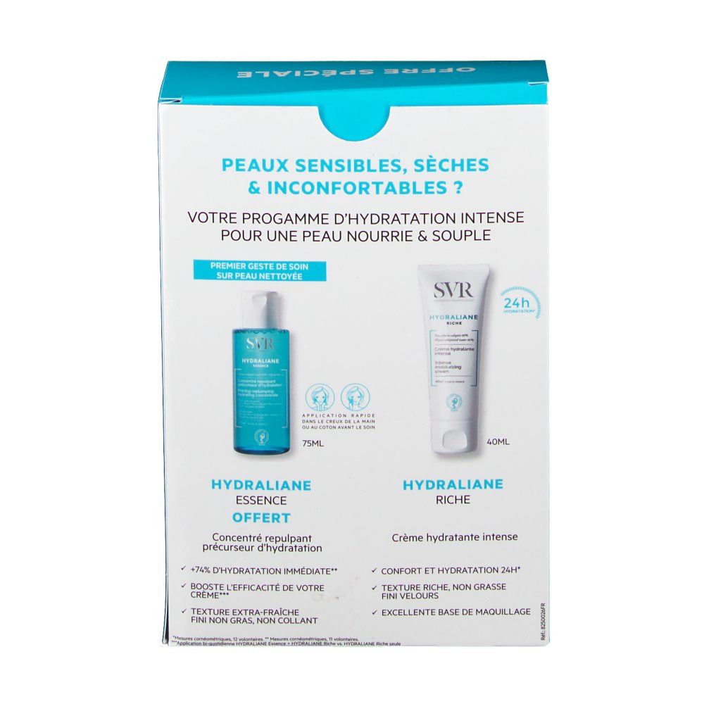 Rückseite der blauen Schachtel. Produkte: Hydraliane Essence und Hydraliane Riche. Text: Peaux sensibles, sèches & inconfortables.