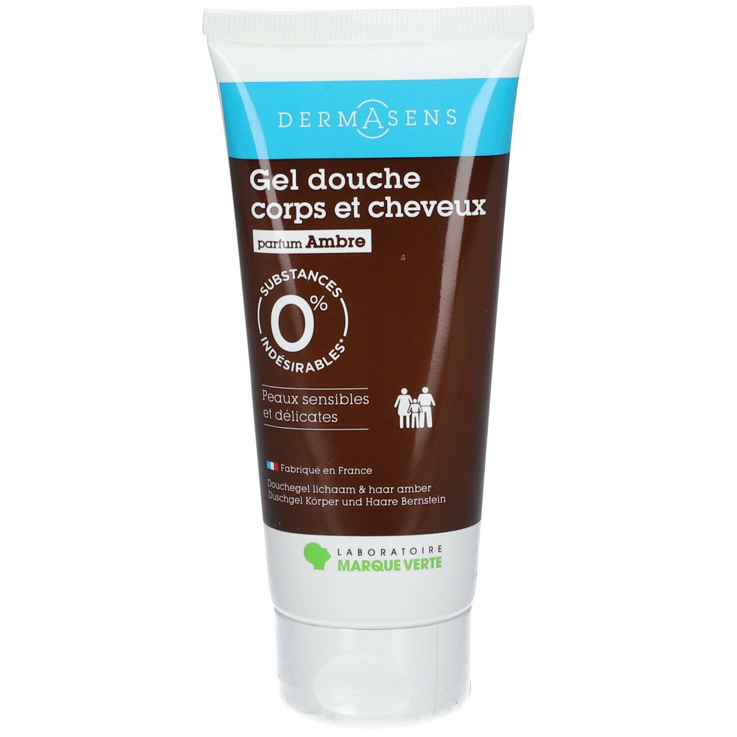 Tube mit Duschgel. Braune Flüssigkeit, weißer Deckel. Text: DERMASENS, Gel douche corps et cheveux, parfum Ambre, 0% indesirables, Peaux sensibles et délicates.