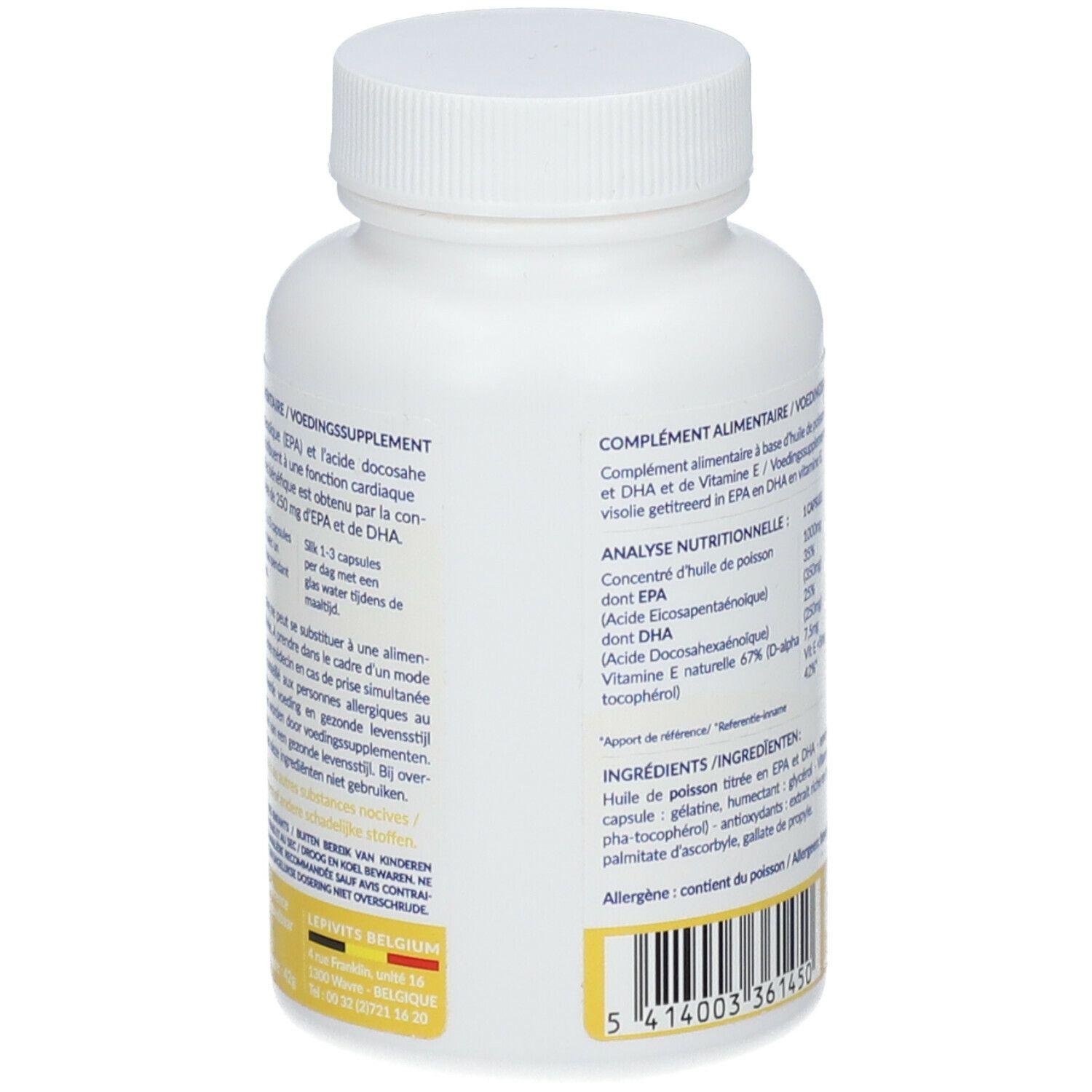 Rückseite einer weißen Flasche mit gelbem Etikett. Text: Nahrungsergänzungsmittel. Inhaltsstoffe und Nährwertangaben sind aufgeführt.