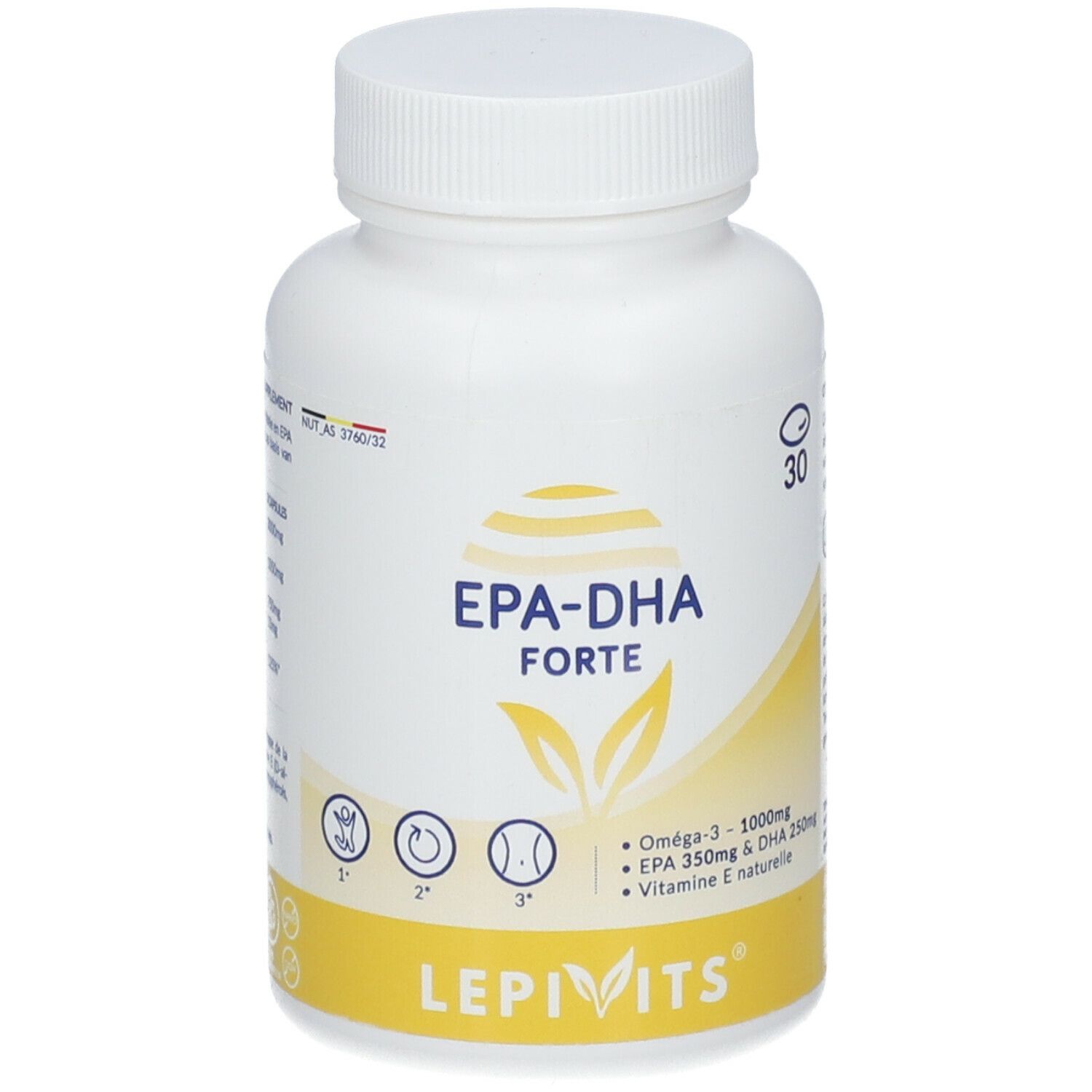 Weiße Flasche mit gelbem Etikett. Aufschrift: EPA-DHA Forte. Enthält Omega-3, EPA, DHA und Vitamin E. 30 Kapseln.