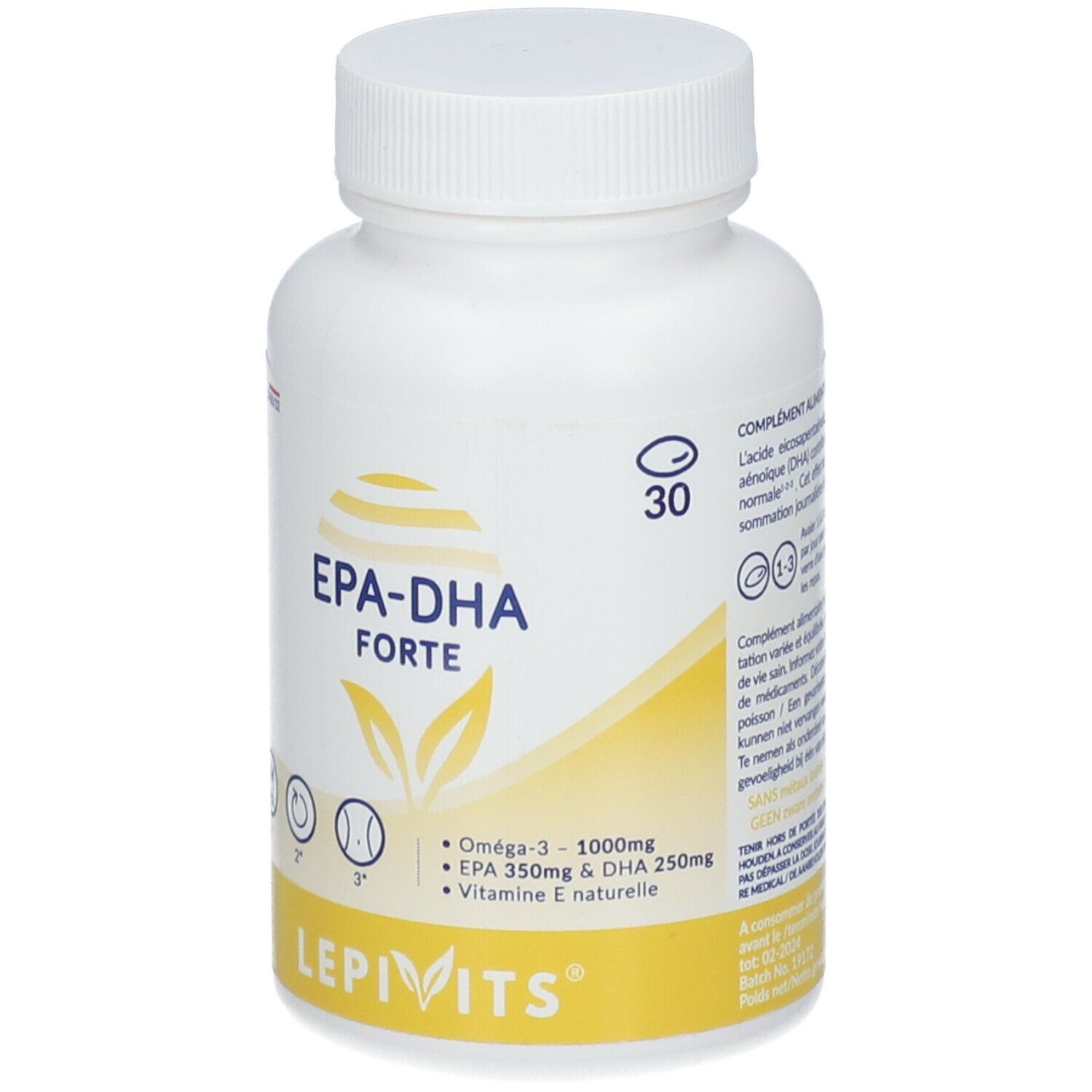 Weiße Flasche mit gelbem Etikett. Aufschrift: EPA-DHA Forte. Enthält Omega-3, EPA, DHA und Vitamin E. 30 Kapseln.