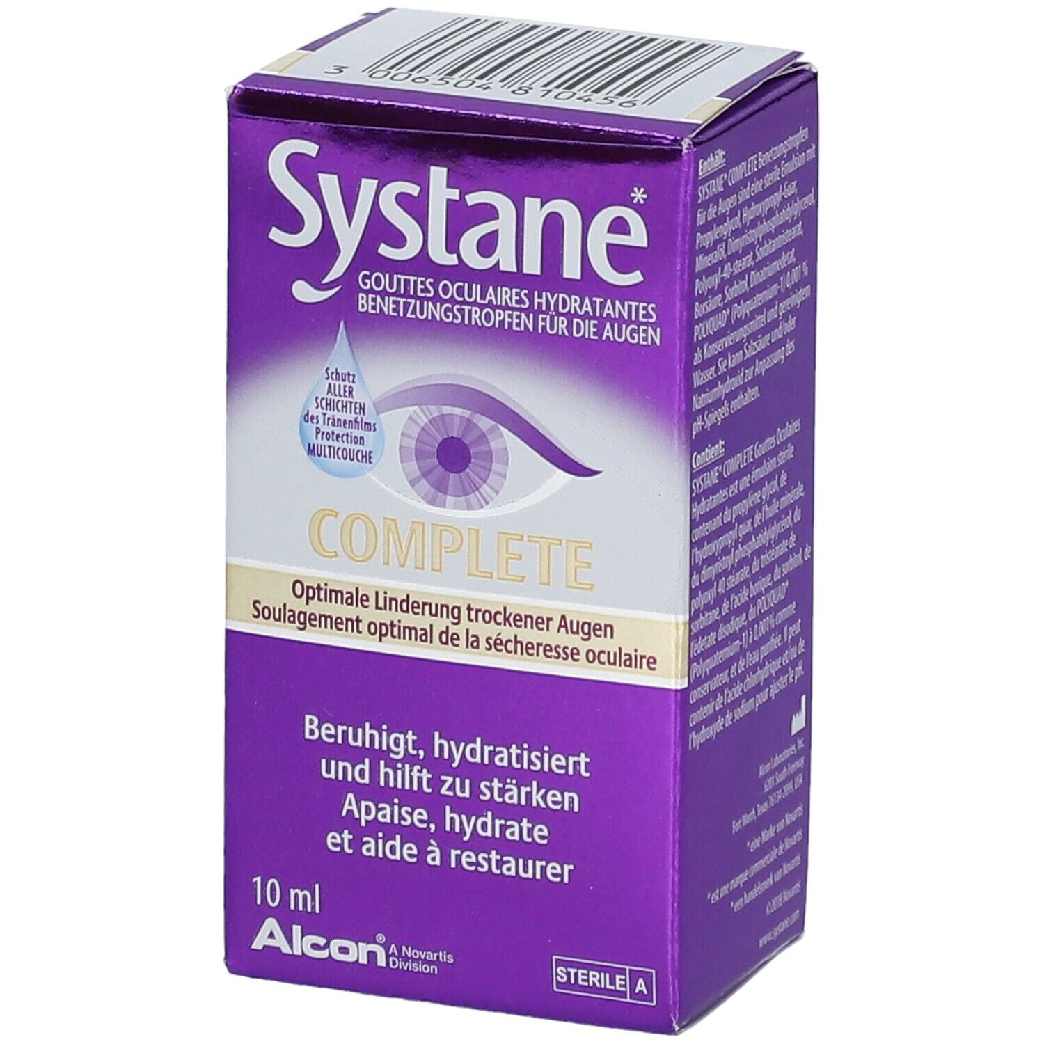 Boîte violette Systane Complete. Inscription : gouttes oculaires, Complete, 10 ml, Alcon.