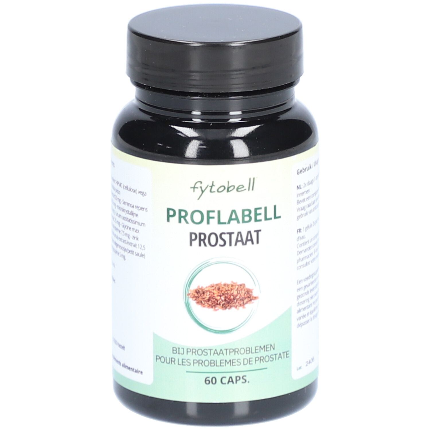 Flacon noir contenant des gélules. Étiquette : "fytobell Proflabell Prostaat". 60 capsules. Pour les problèmes de prostate.