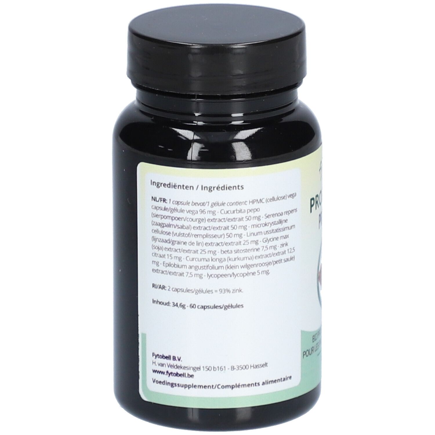 Dos d'un flacon noir de gélules. Liste des ingrédients et informations. Marque : Fytobell. 60 capsules.