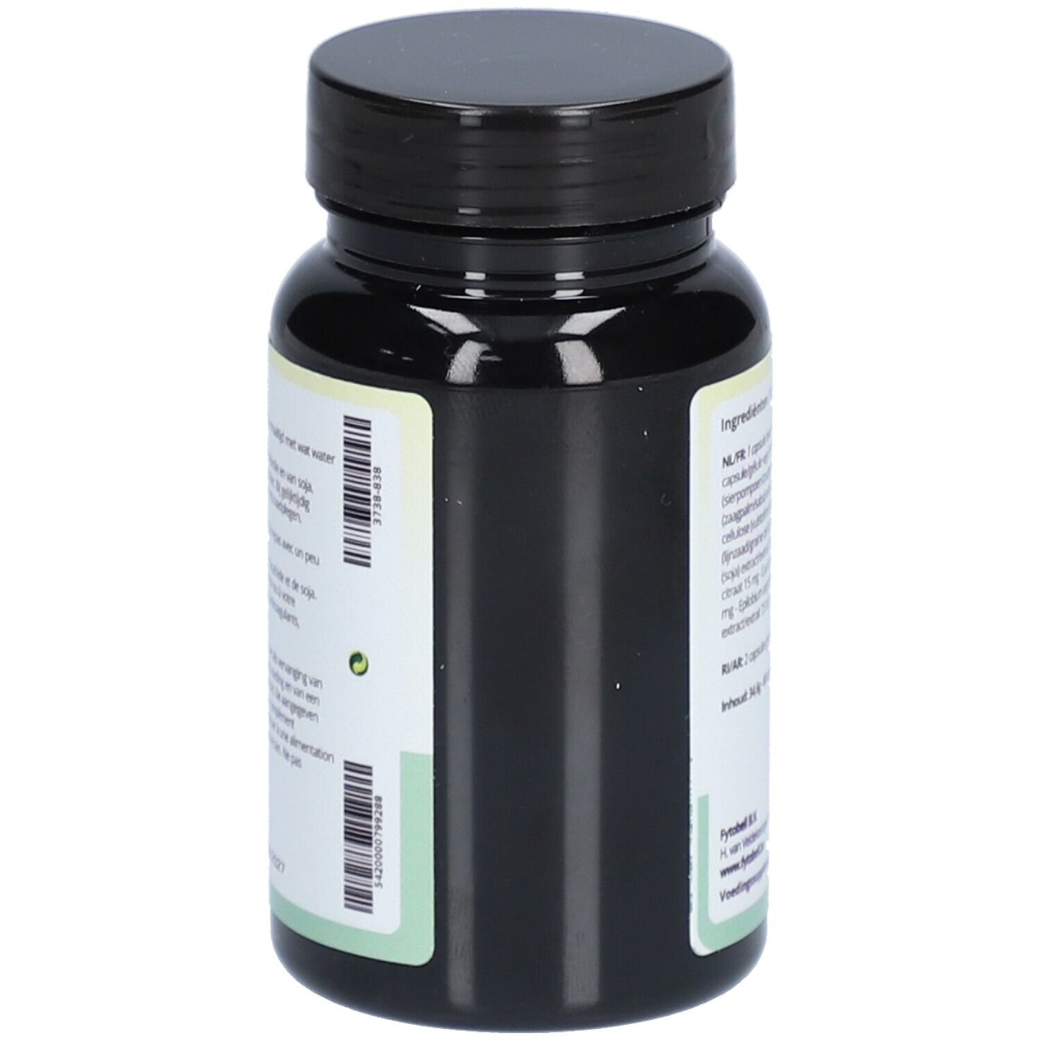 Flacon noir de gélules. Étiquette avec informations et code-barres. Marque : Fytobell.