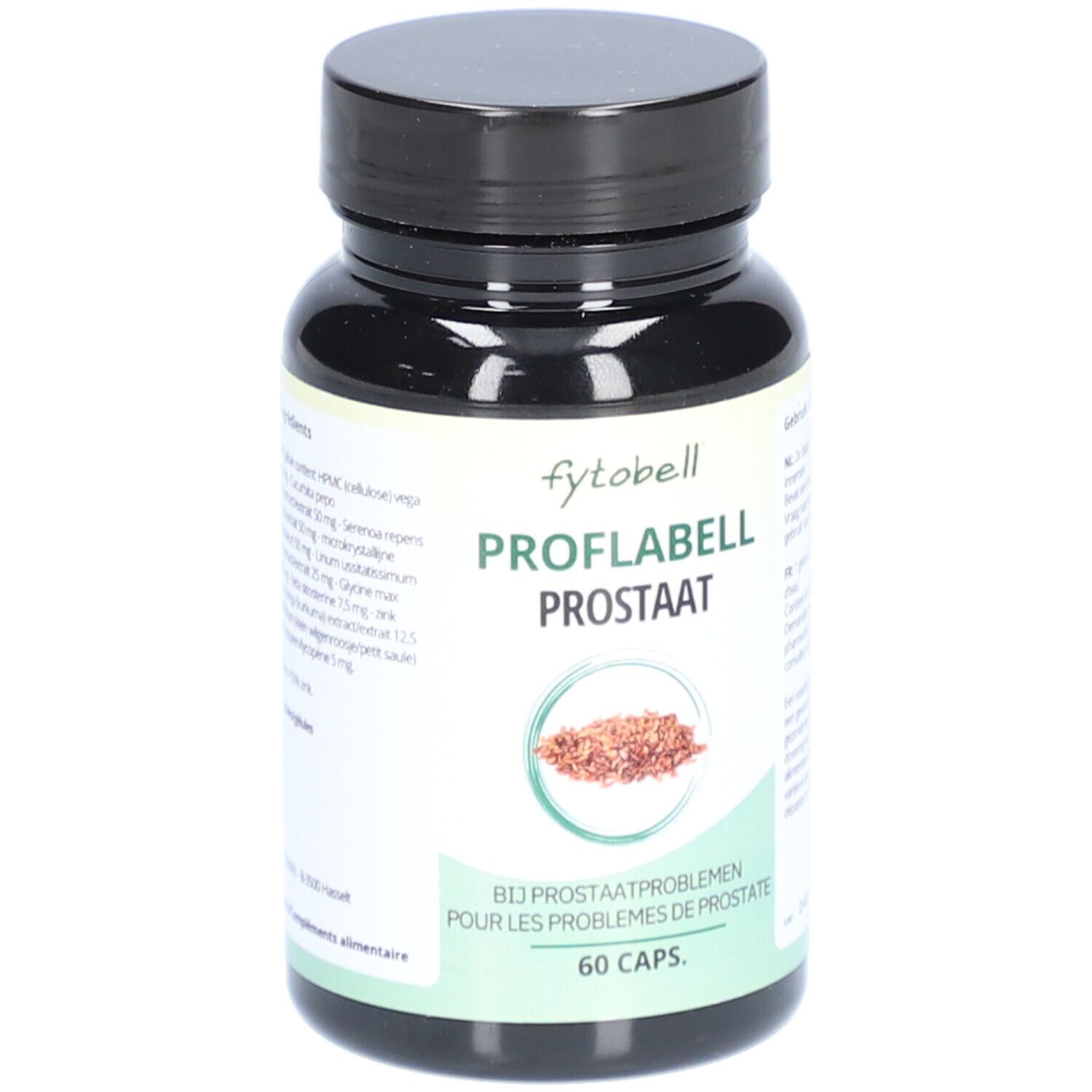 Flacon noir contenant des gélules. Étiquette : "fytobell Proflabell Prostaat". 60 capsules. Pour les problèmes de prostate.