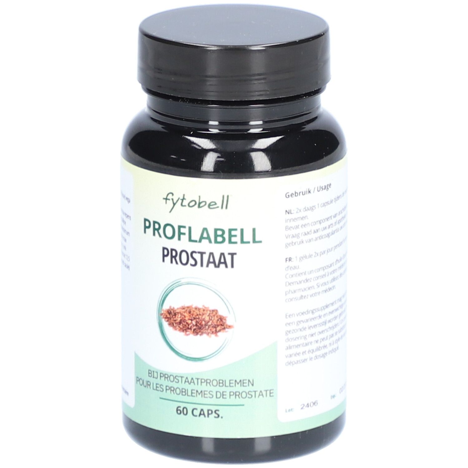 Flacon noir contenant des gélules. Étiquette : "fytobell Proflabell Prostaat". 60 capsules. Pour les problèmes de prostate.