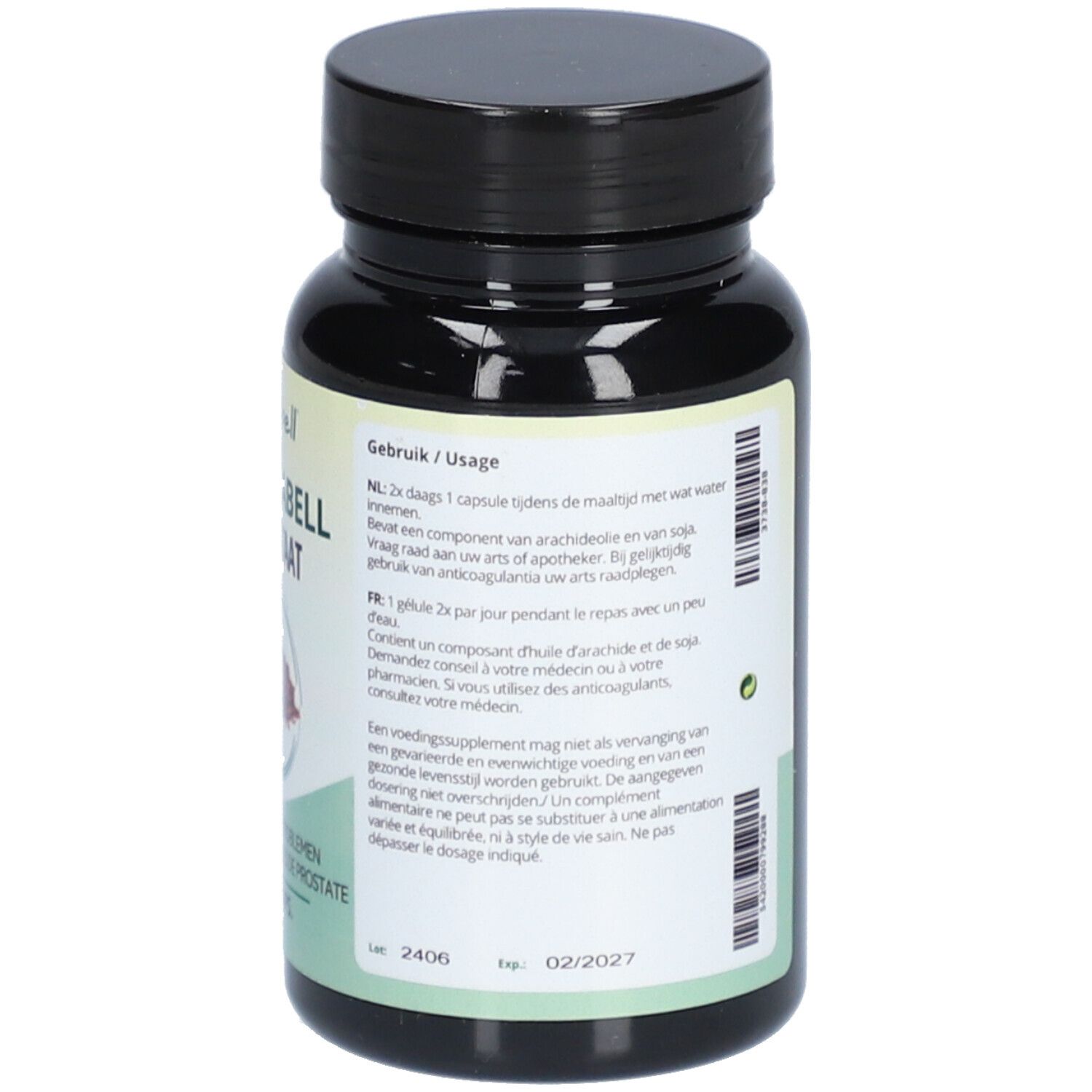Dos d'un flacon noir de gélules. Mode d'emploi en néerlandais et français. Marque : Fytobell.