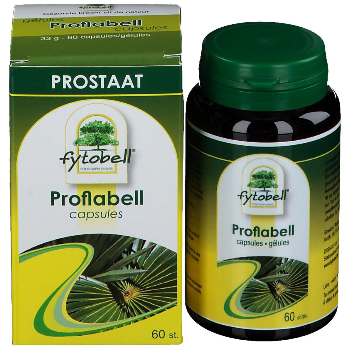 Boîte et flacon de gélules. Boîte : "Prostaat". Flacon : "fytobell Proflabell capsules". 60 pièces.