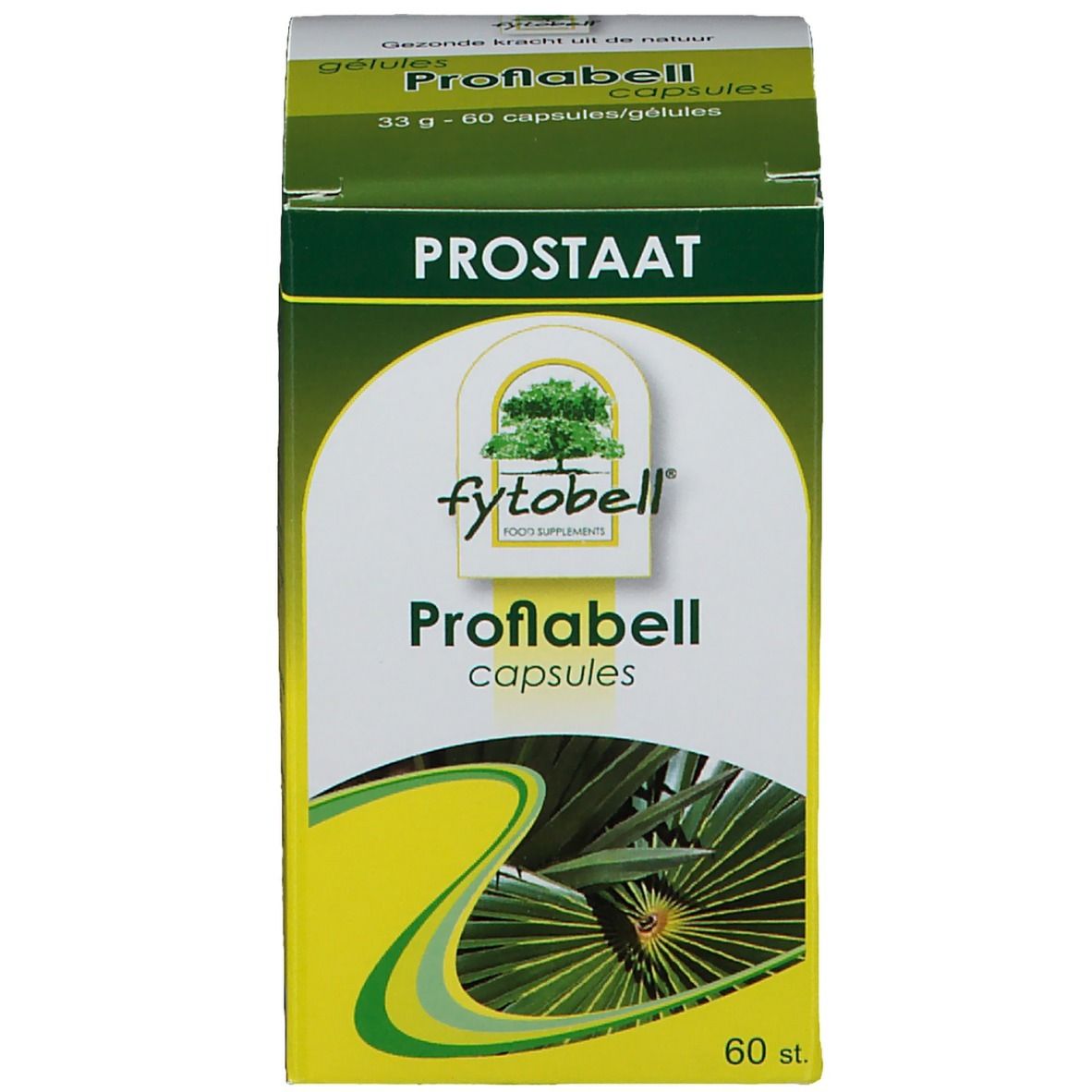 Boîte de gélules. Sur la boîte : "Prostaat". Imprimé : "fytobell Proflabell capsules". 60 pièces.