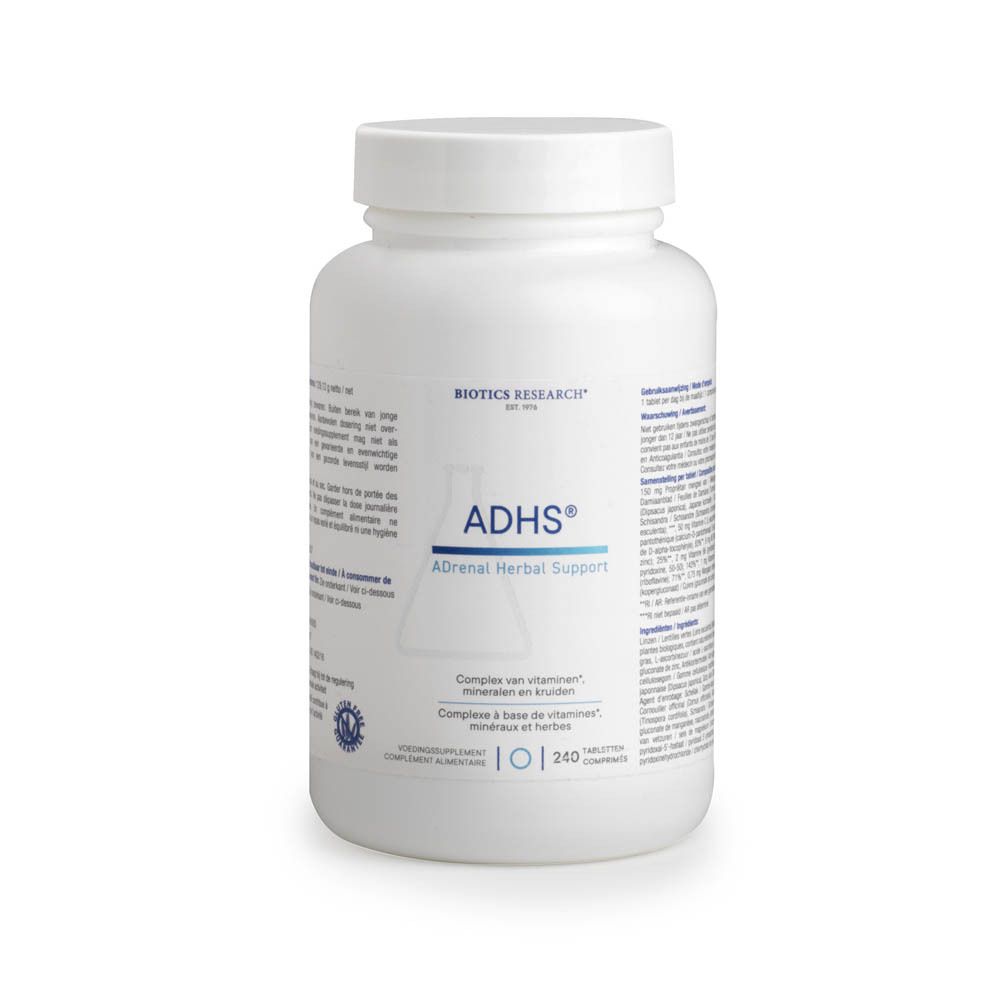 Weiße Flasche mit ADHS-Tabletten. Aufschrift: ADHS, Adrenal Herbal Support, 240 Tabletten. Biotics Research Logo.