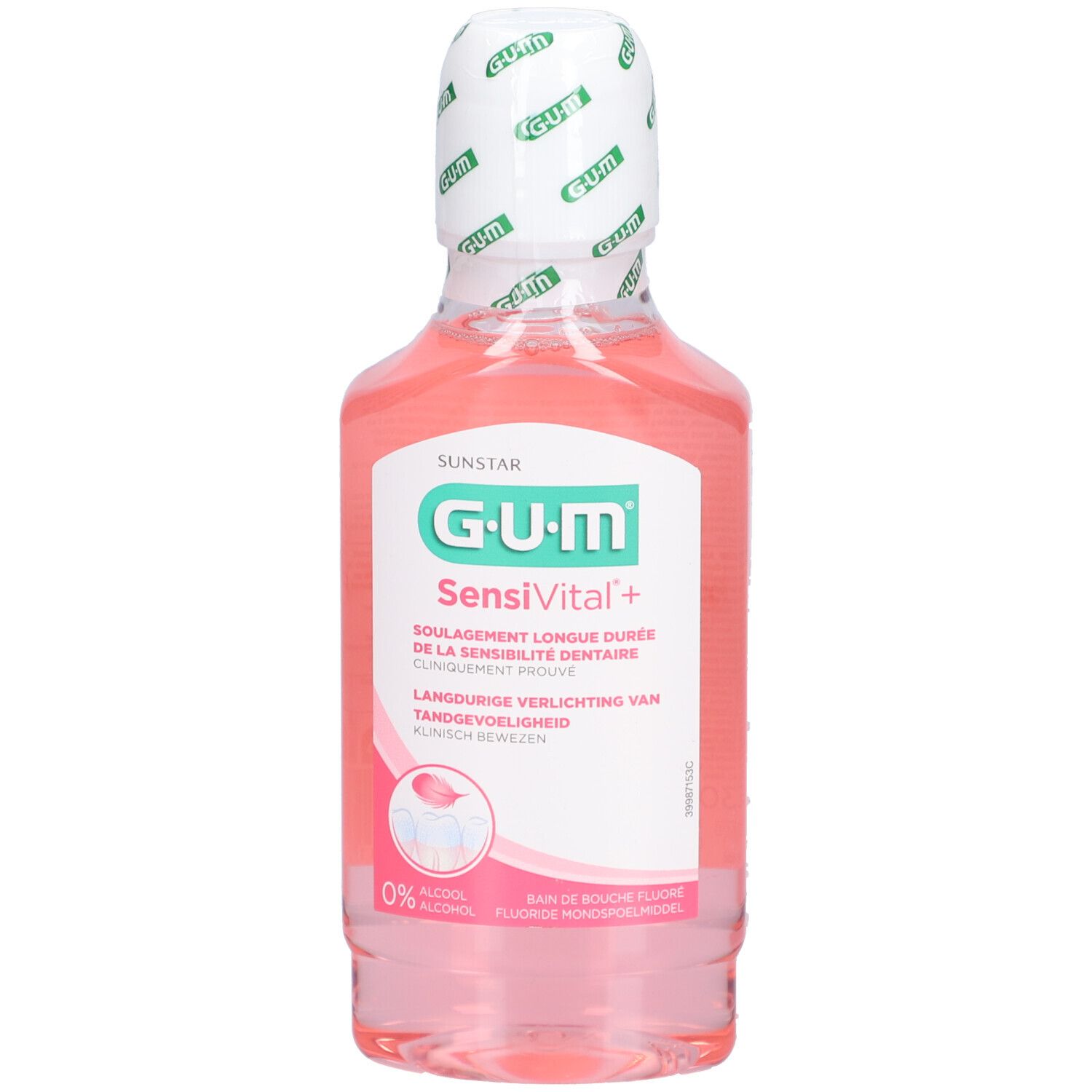GUM SensiVital+ Mundspülung in einer rosa Flasche. Aufschrift: SensiVital+, 0% Alkohol, Fluorid. Weißer Verschluss mit GUM-Logo.