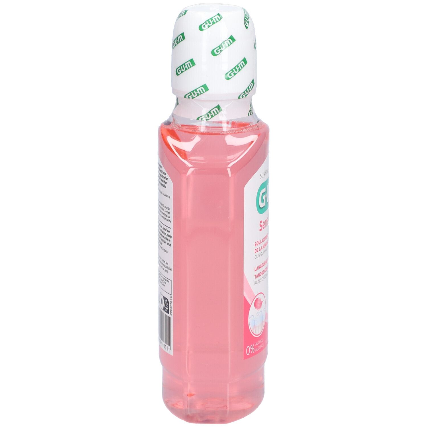 GUM SensiVital+ Mundspülung, Seitenansicht. Rosa Flüssigkeit in einer transparenten Flasche. Weißer Verschluss mit GUM-Logo.