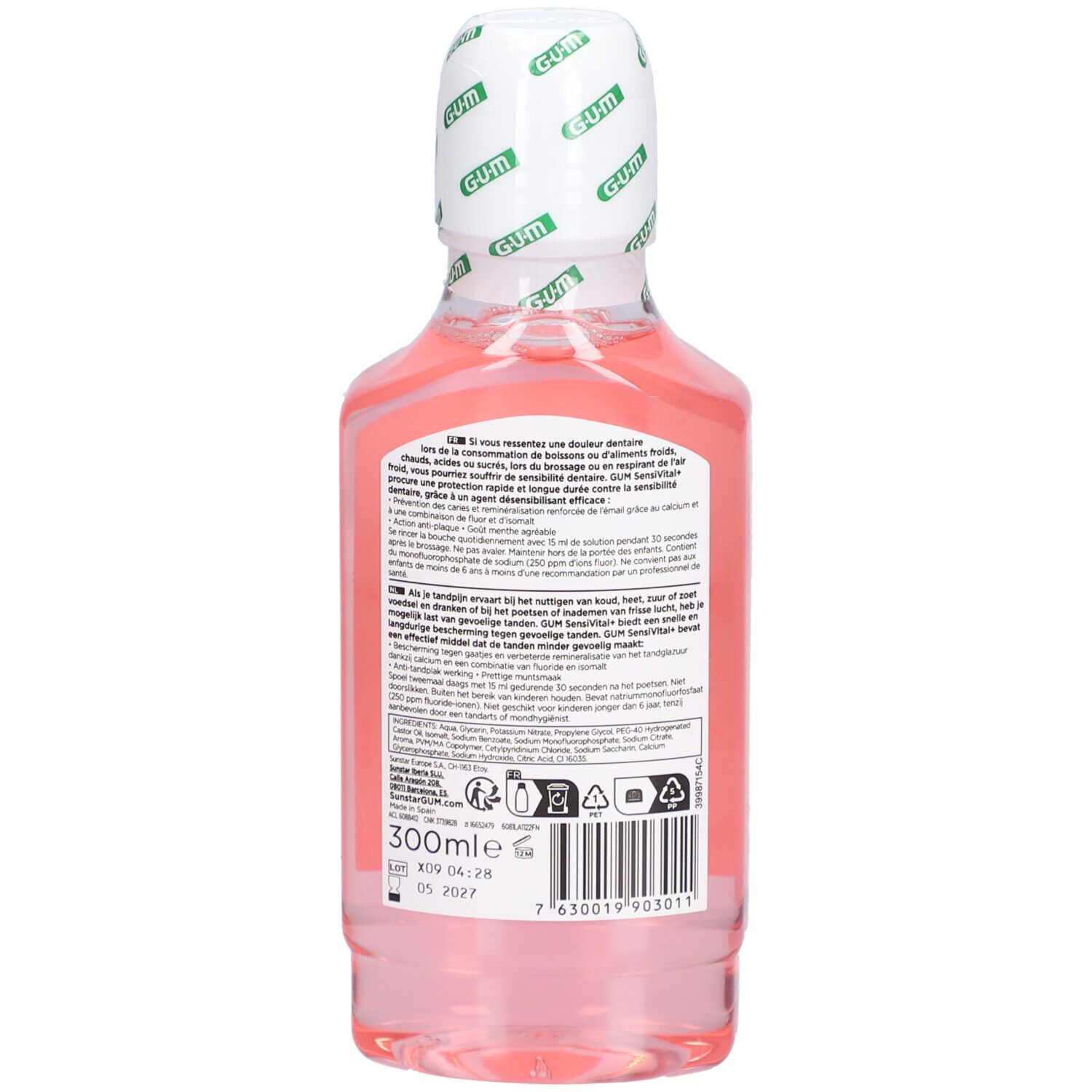Rückseite der GUM SensiVital+ Mundspülungsflasche. Text in mehreren Sprachen. 300ml. Haltbarkeitsdatum 05 2027.