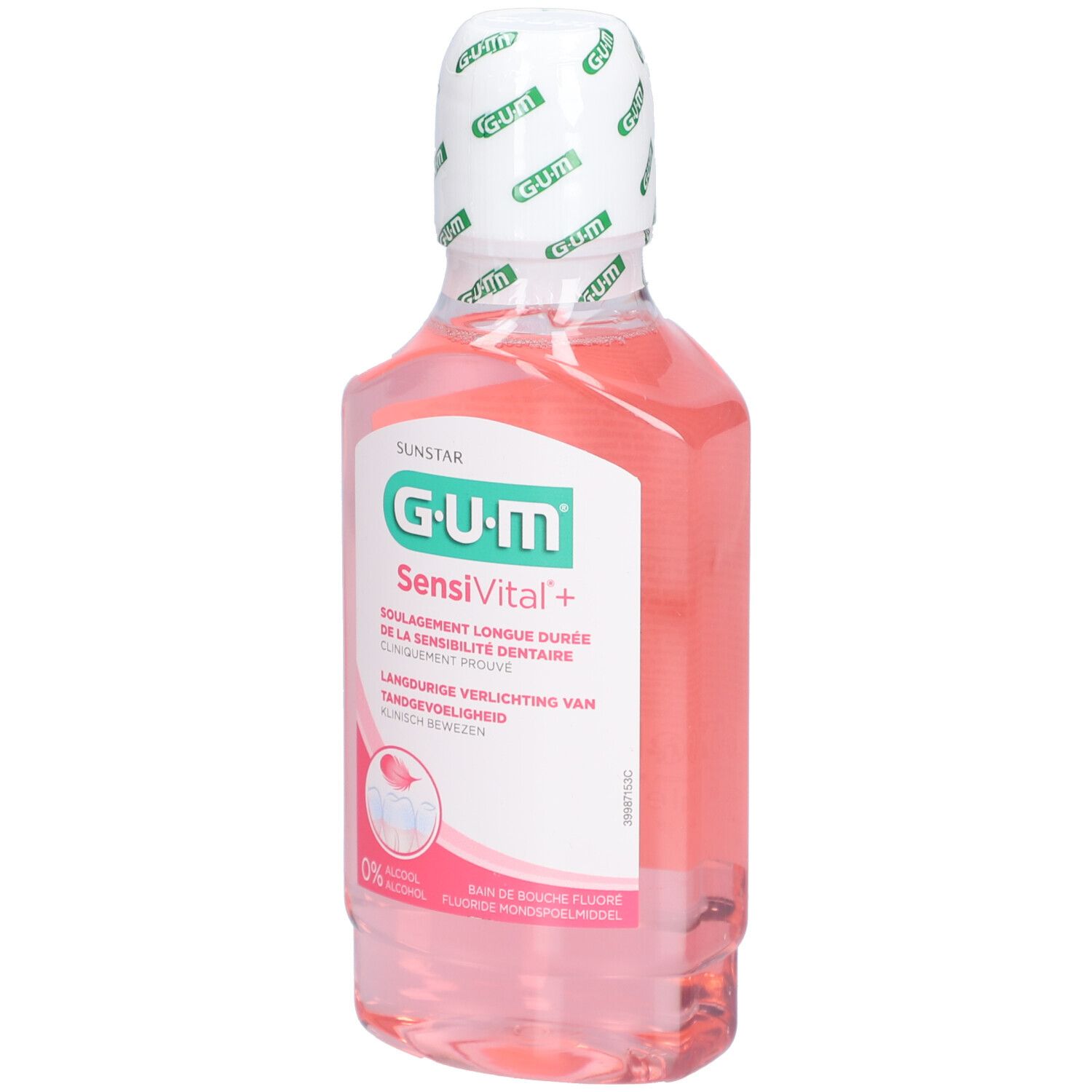 GUM SensiVital+ Mundspülung in einer rosa Flasche. Aufschrift: SensiVital+, 0% Alkohol, Fluorid. Weißer Verschluss mit GUM-Logo.