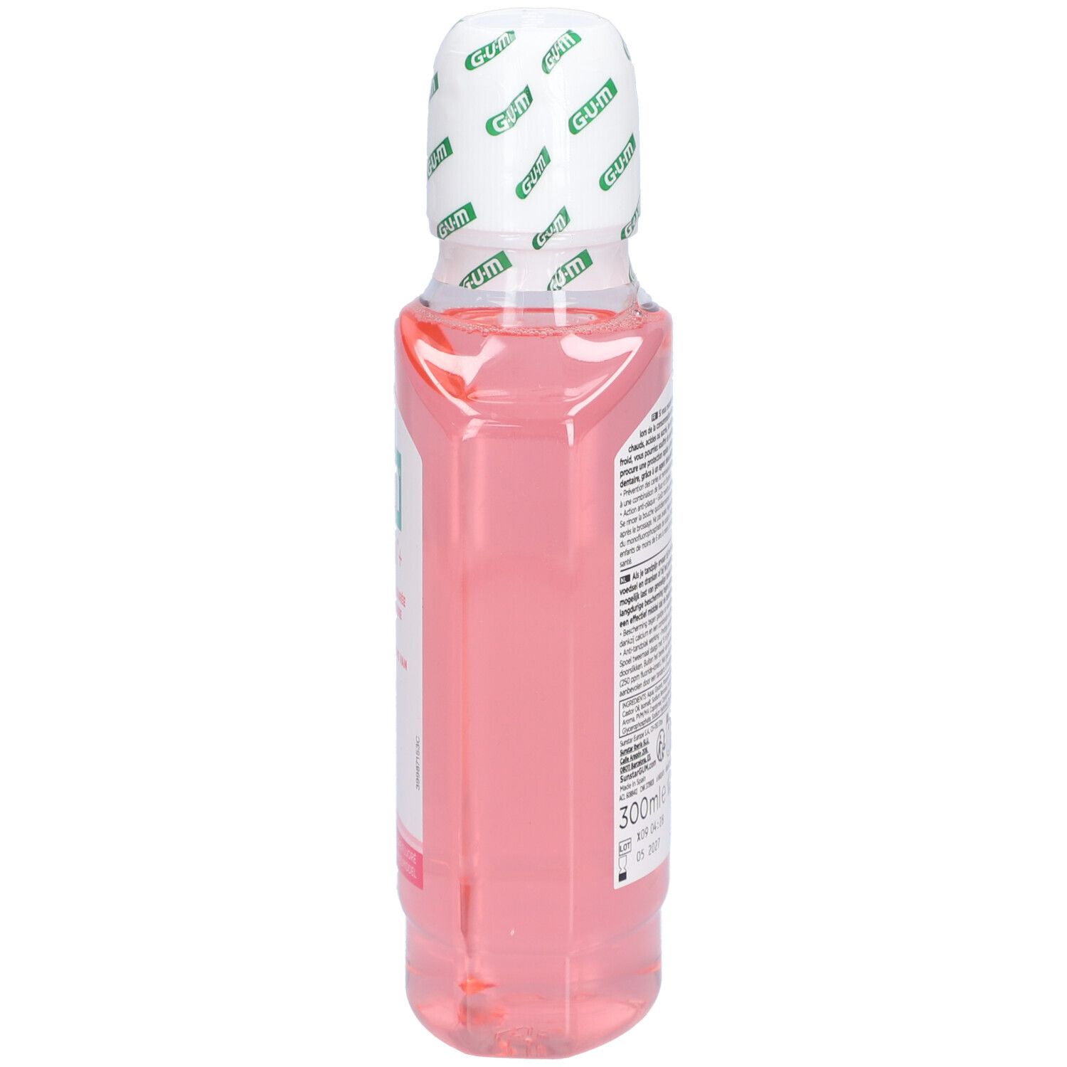 GUM SensiVital+ Mundspülung, Seitenansicht. Rosa Flüssigkeit in einer transparenten Flasche. Weißer Verschluss mit GUM-Logo.