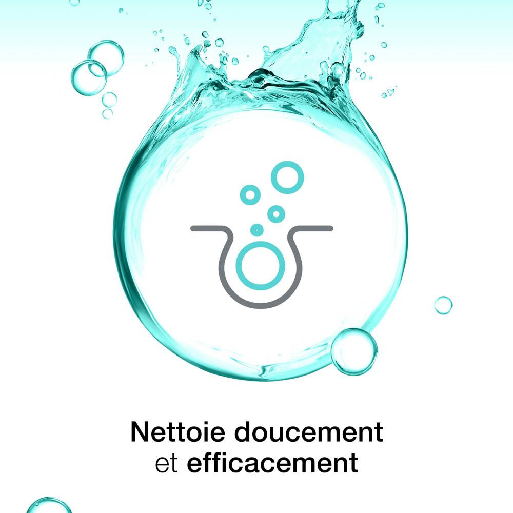Symbole : visage avec bulles dans une goutte d'eau. Nettoie en douceur et efficacement.