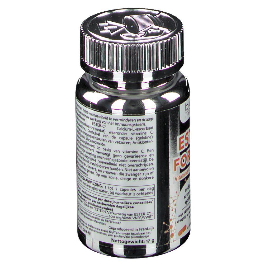 Rückseite der silbernen Flasche mit Produktinformationen. Marke: Biocyte. Text in Niederländisch.