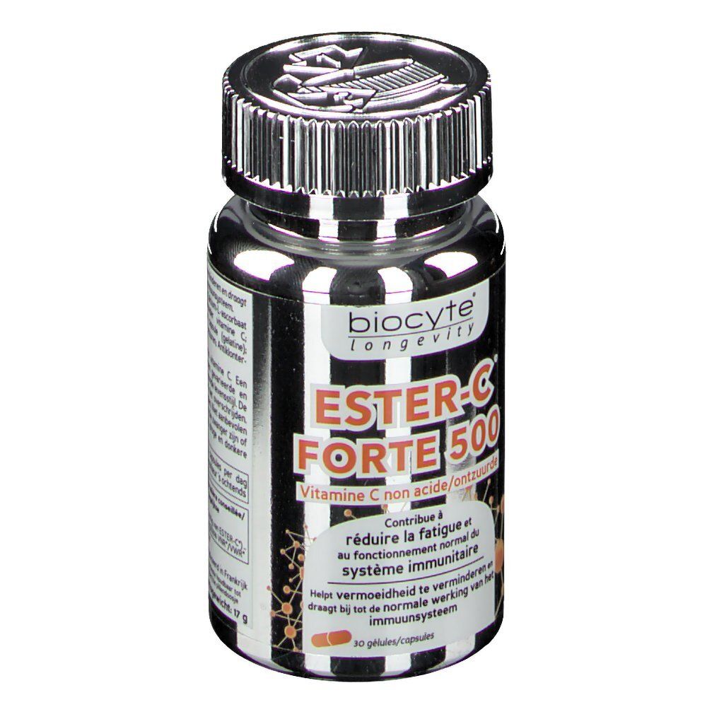 Silberne Flasche mit Kapseln. Aufschrift: Ester-C Forte 500, Vitamin C non acide. Marke: Biocyte Longevity.