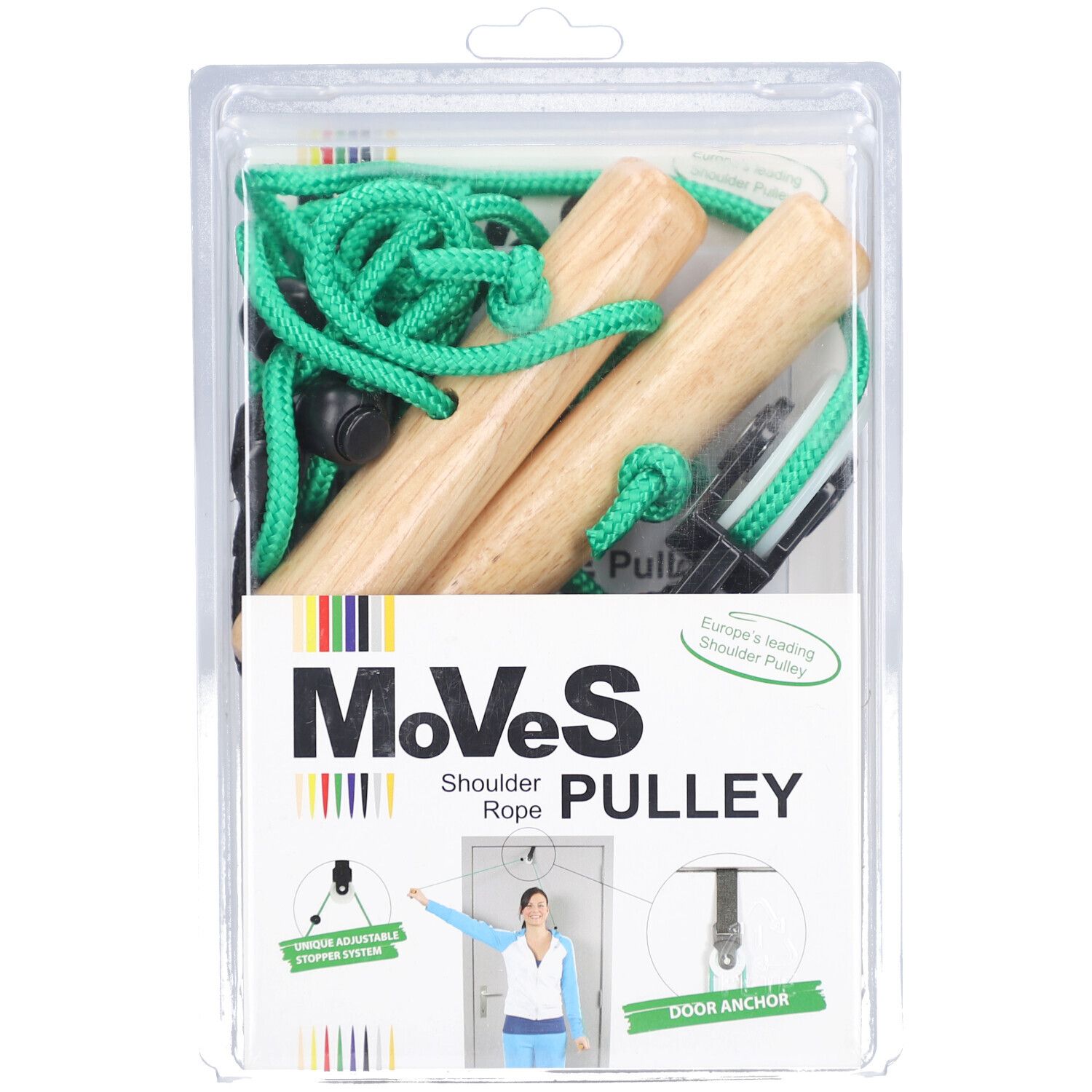 Schulterübungsgerät mit Türbefestigung in Blisterverpackung. Grüne Seile, Holzgriffe, schwarze Halterungen. Text: MoVeS, Shoulder Pulley.