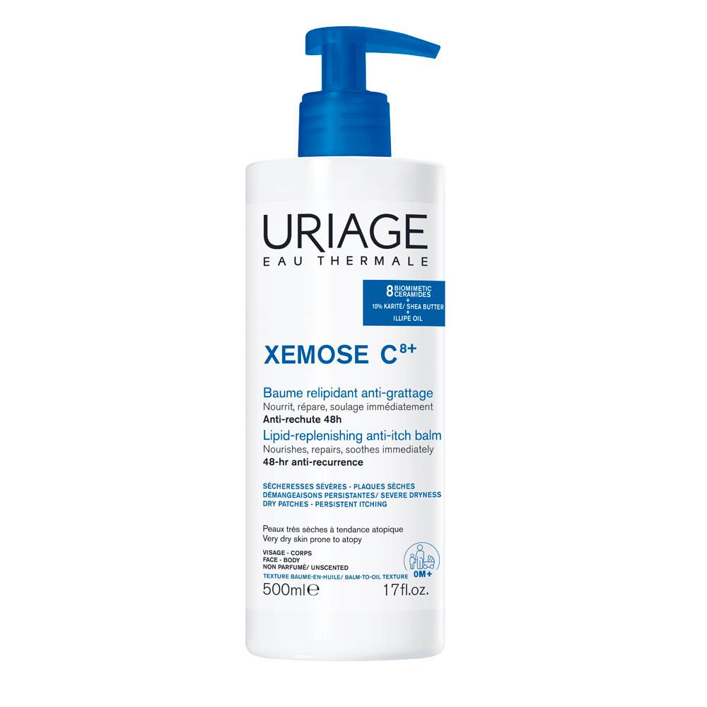Uriage Xémose C+ Balsam. Weiße Flasche mit blauem Pumpkopf. 500ml. 48h-Schutz.