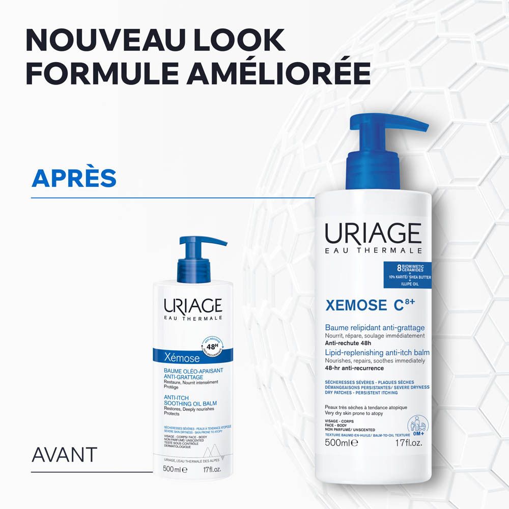Texte: Nouveau look, formule améliorée. Comparaison avant-après des flacons.