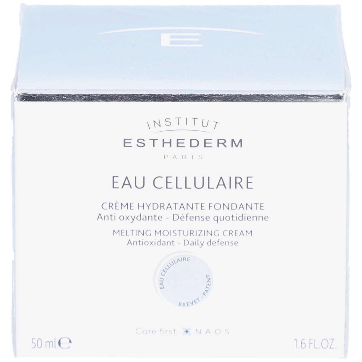 Weiße Schachtel mit INSTITUT ESTHEDERM Logo und Produktnamen. Text: EAU CELLULAIRE, Crème hydratante fondante.