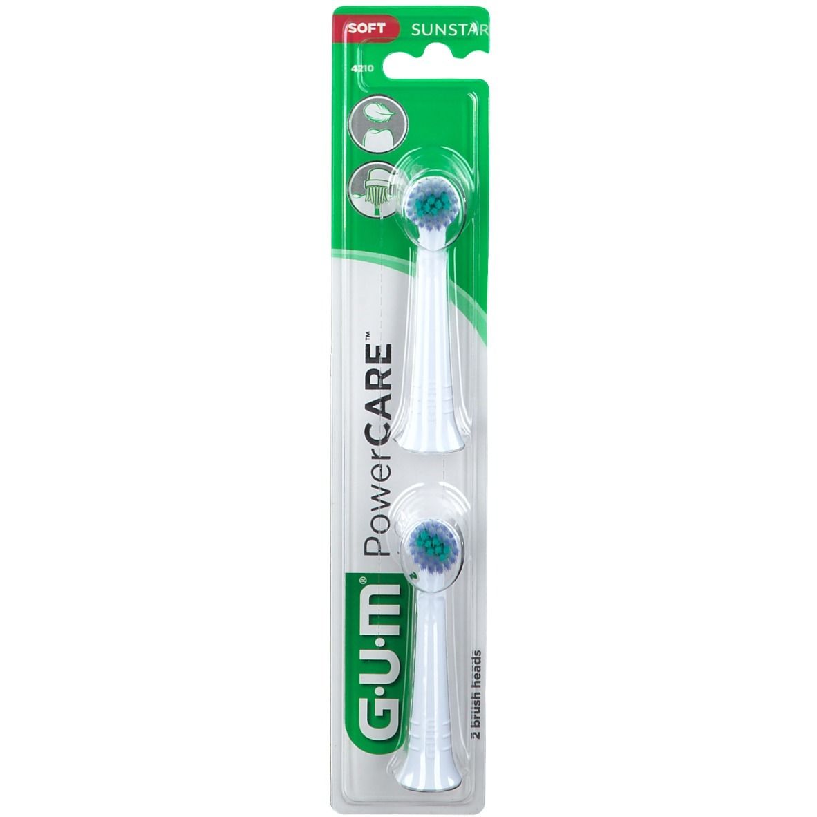Zwei Ersatzbürstenköpfe in Blisterverpackung. Weiße Köpfe mit grünen Borsten. G.U.M PowerCare, Sunstar. "Soft" gekennzeichnet.