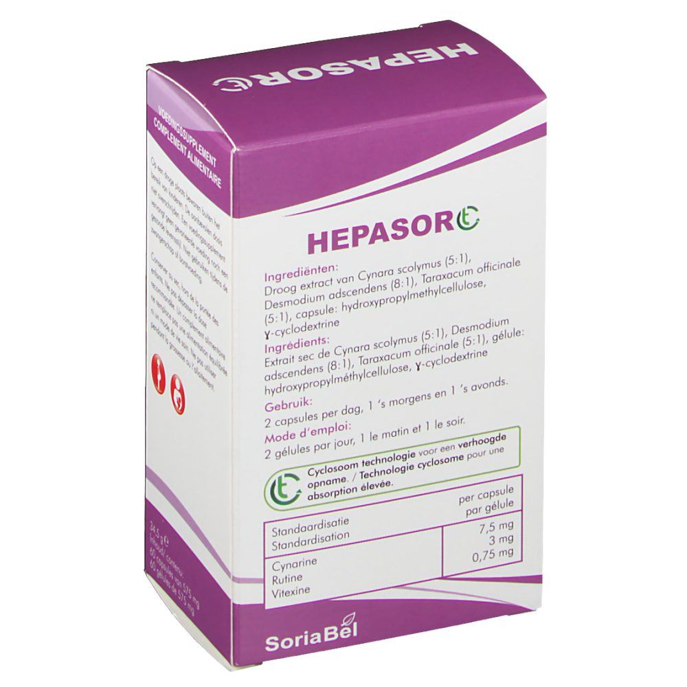 Rückseite der "HEPASORC"-Schachtel. Enthält Informationen zu Inhaltsstoffen, Dosierung und Standardisierung. Mit Logo von SoriaBel.