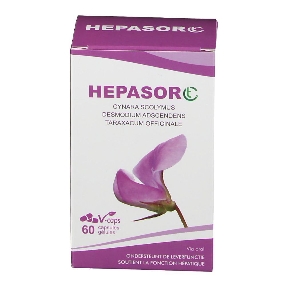 Schachtel mit "HEPASORC"-Kapseln. Enthält 60 Kapseln. Aufschrift: Cynara scolymus, Desmodium adscendens, Taraxacum officinale. Abbildung einer lila Blume.