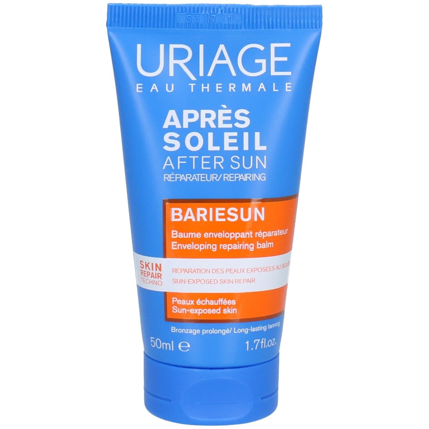 Uriage Bariésun Après-Soleil Réparateur Tube. Blaue Tube mit orangefarbenem Etikett und weißer Schrift.