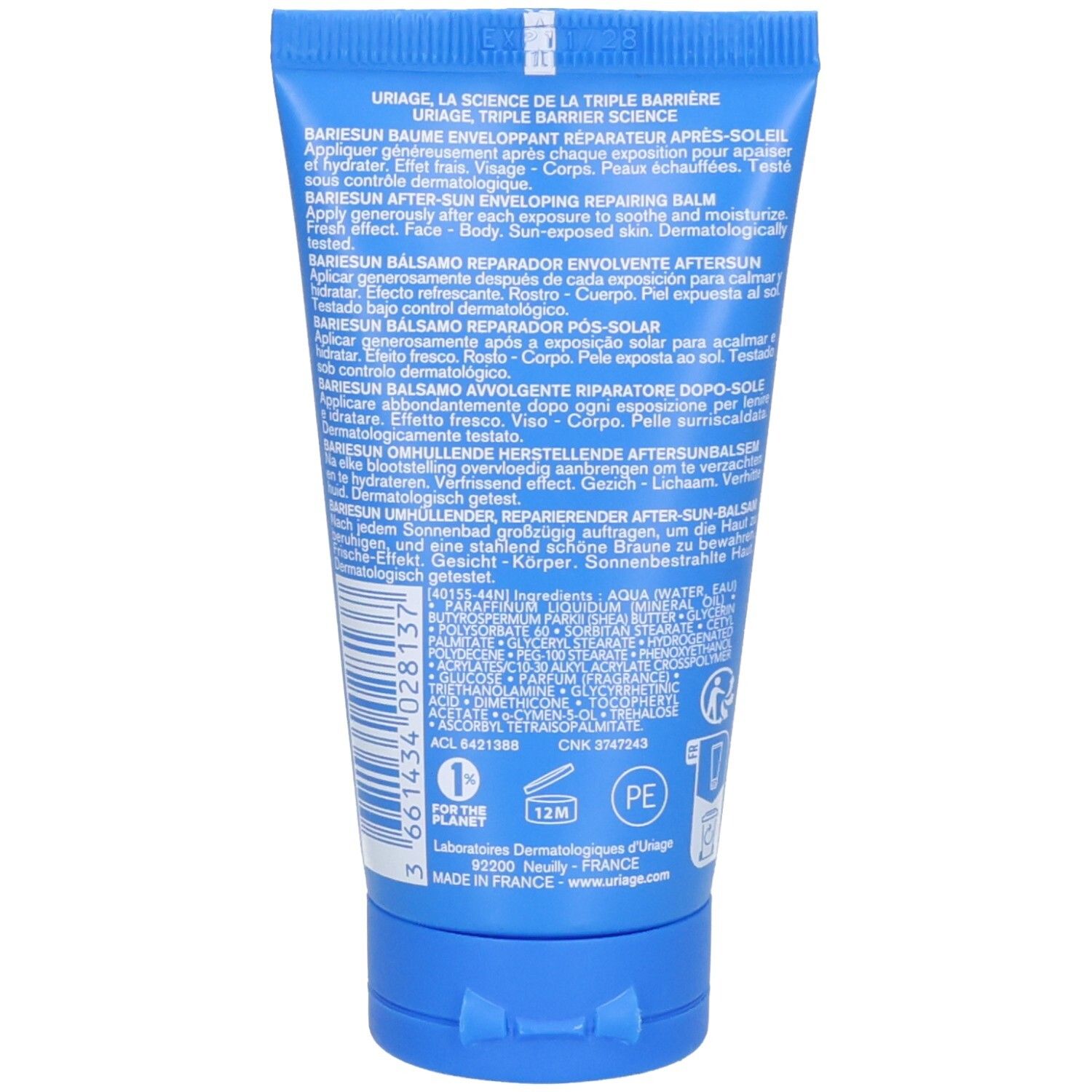 Rückseite der Uriage Bariésun Après-Soleil Réparateur Tube mit Produktinformationen und Barcode.